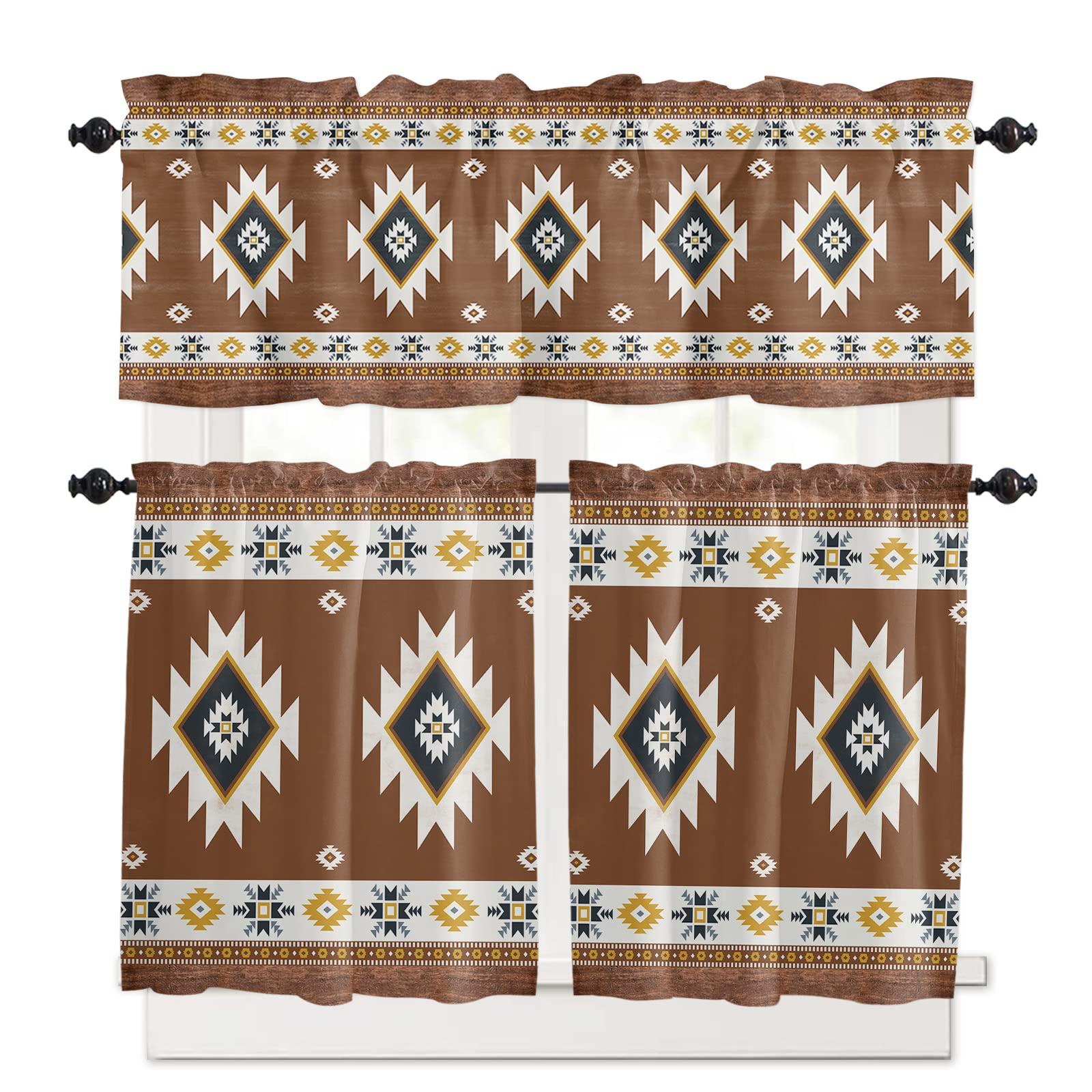 LEOKOTI Kitchen Curtains Tiers and Valances Set, Southwest Rod Pocket Kitchen Curtains Set - Tier Curtains 36 Inch, Western Brown Yellow Geometric Abstract Art Wooden Valances for Window Living Room/Bedroom