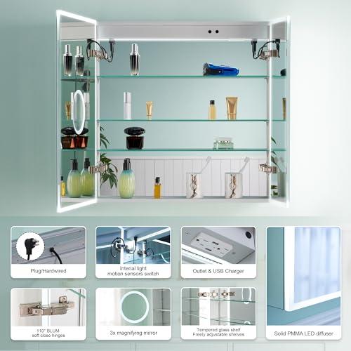 WELLFOR WELLFOR 30\" X 30\" Medicine Cabinet with Lights, 3X Magnification, Anti-Fog Mirrored Cabinet, Bathroom Vanity Medicine Cabinet with Outlets & USB Ports, Double Doors