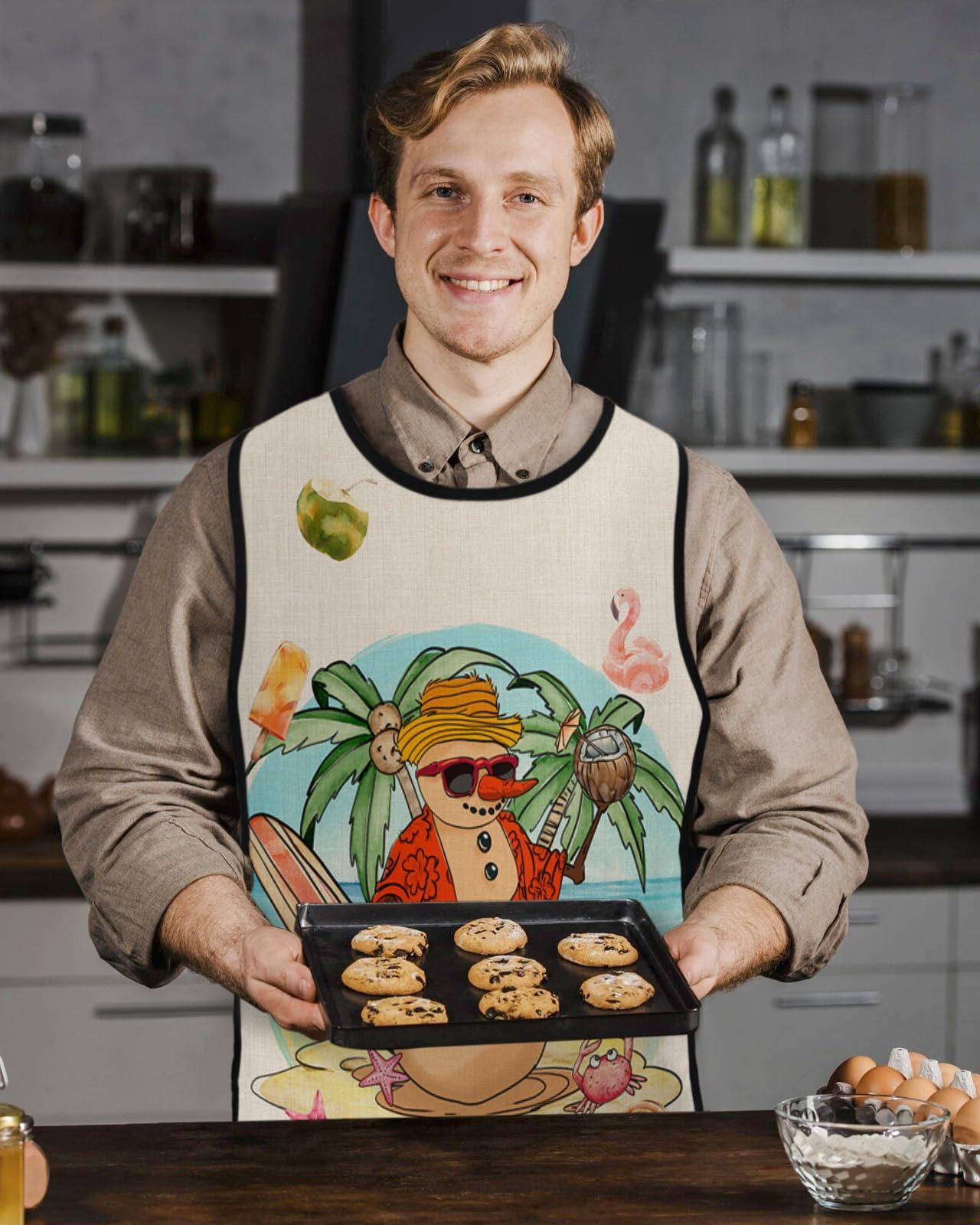 Jolunifun Christma Cobbler Apron with Pockets,Women Men Smock Bib Adjustable Kitchen Chefs Cooking Cleaning Nursing Work Vest Waterproof Clothing Protection,Rustic Summer Beach Snowman Starfish 1 Pack,20\"x31.5\"