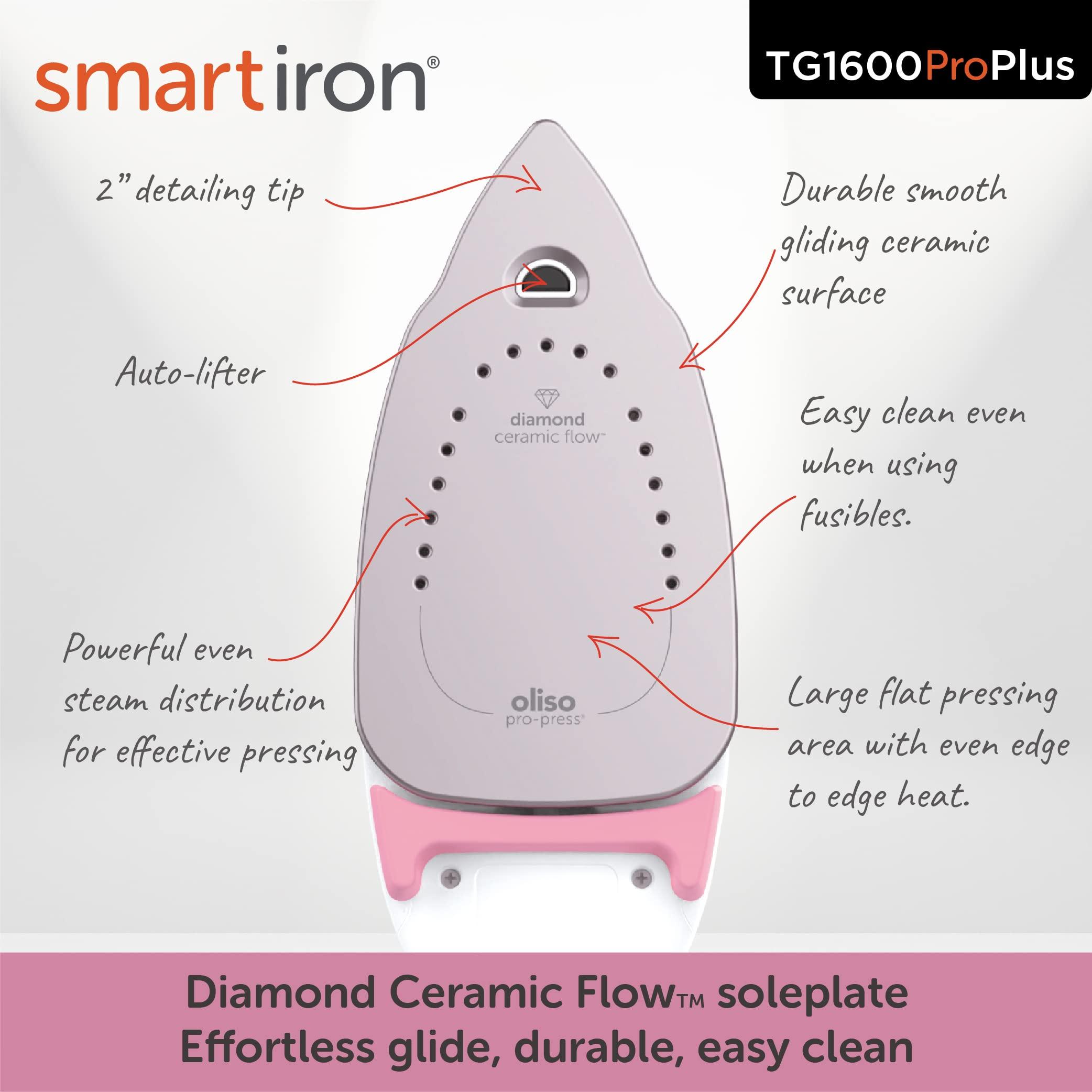 oliso Oliso TG1600 Pro Plus 1800 Watt SmartIron with Auto Lift | Diamond Ceramic-Flow Soleplate Steam Iron (Pink) + Oliso Carry Bag for full-size irons + Oliso Ironing Board Cover (Gray)