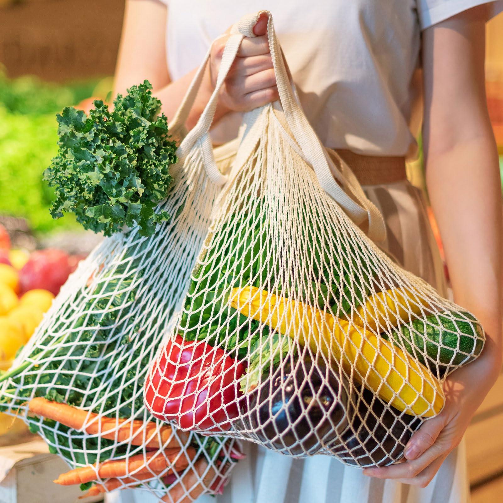 Woanger Woanger 24 Pcs Reusable Cotton Mesh Produce Shopping Bags Washable Grocery Bag Net Portable Fruit and Vegetable Bag Cotton String Bags Long Handle Net Tote Organizer (Short Handle)