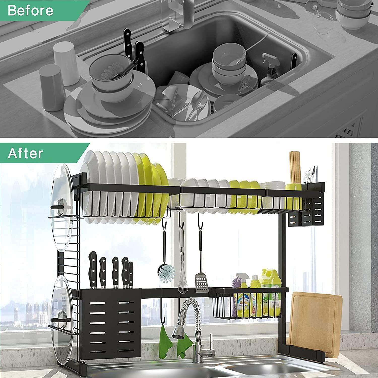 HAOKTSB Dish drainer Over The Sink Dish Drainer, 2-Tier Dish Rack Above Sink, Multipurpose Large Dish Drying Rack Drainer with Pot Lid Holder, Kitchen Countertop Shelf Organizer with Cutlery Cutting Board Hol