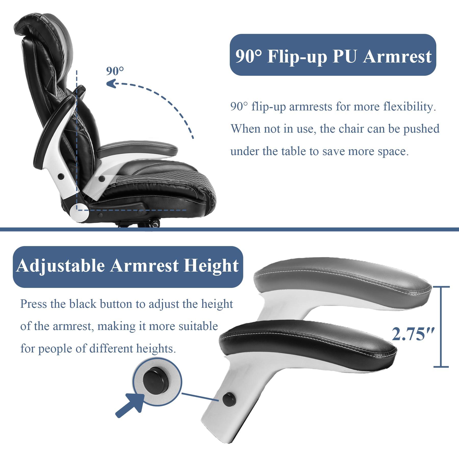 OLYFING OLYFING Executive Office Chair, Heavy Duty 500 lbs, Ergonomic Leather Desk Chair with Adjustable Headrest and Lumbar Support, Big and Tall High Back Swivel Chair with Flip-up Armrests, Black