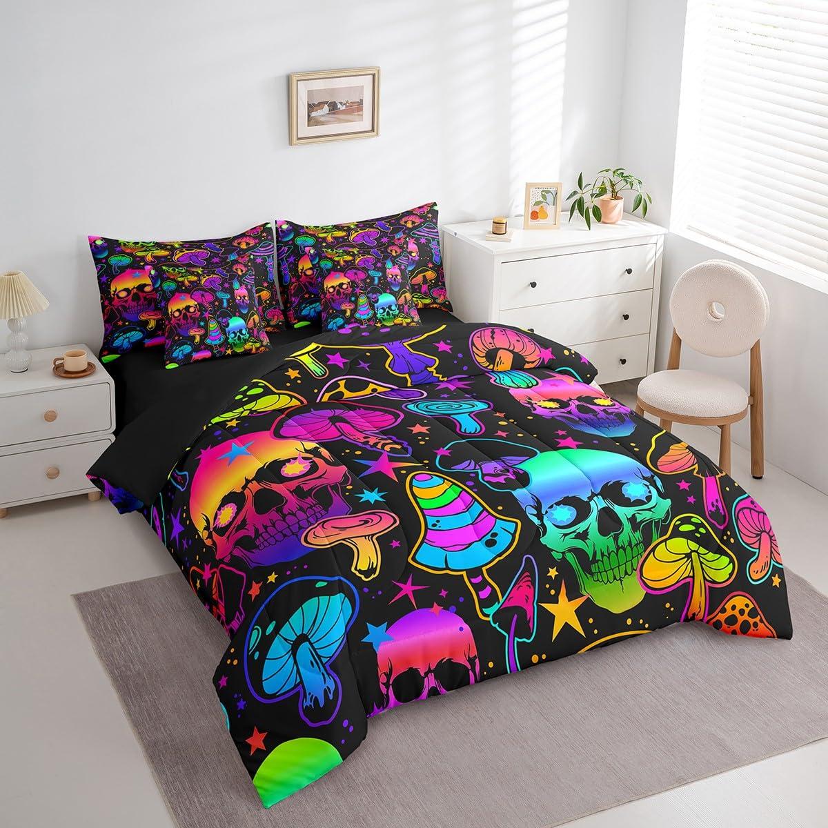 Erosebridal Erosebridal Sugar Skull Bed in a Bag Queen Comforter Set 7 Piece,Gothic Exotic Bone Bedding Sets Rainbow Mushroom Sheet Set with Comforter