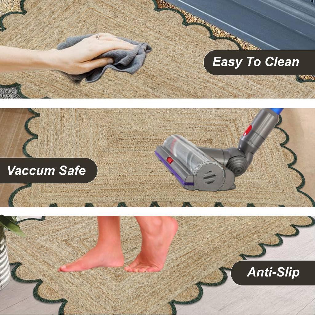 MORVEE MORVEE Area Rug 2.6x18 Jute Scalloped Natural (Green, 2'6" x 18')