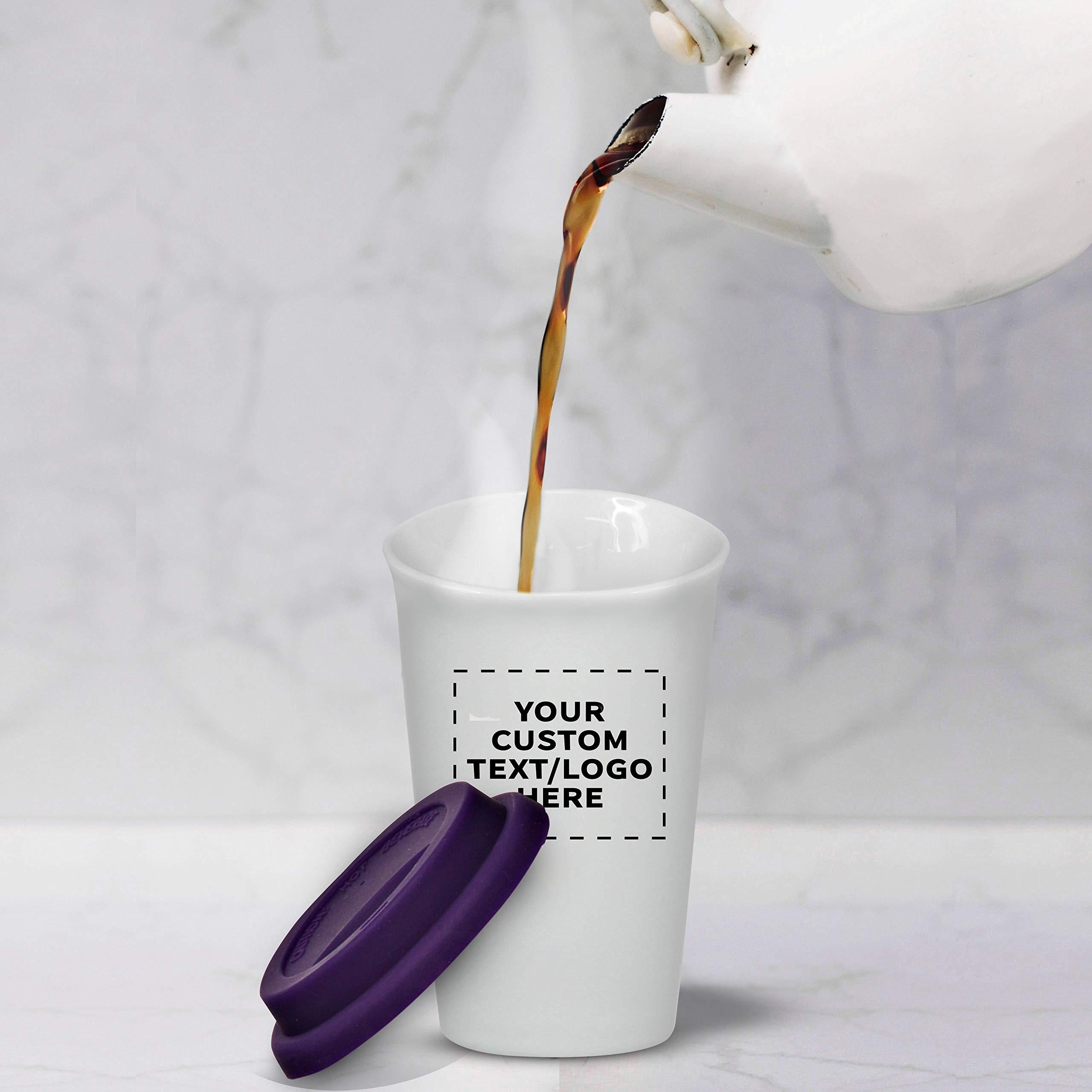 DISCOUNT PROMOS Personalized 11 oz. Double Wall Ceramic Tumblers with Lid - 24 Pack - Custom Text, Logo - Purple