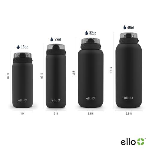 Ello Ello Cooper 40oz Stainless Steel Water Bottle with Straw and Carry Handle, Double Walled and Vacuum Insulated Metal, Leak Proof Locking Lid with Soft Silicone Spout, Reusable, BPA Free, Black