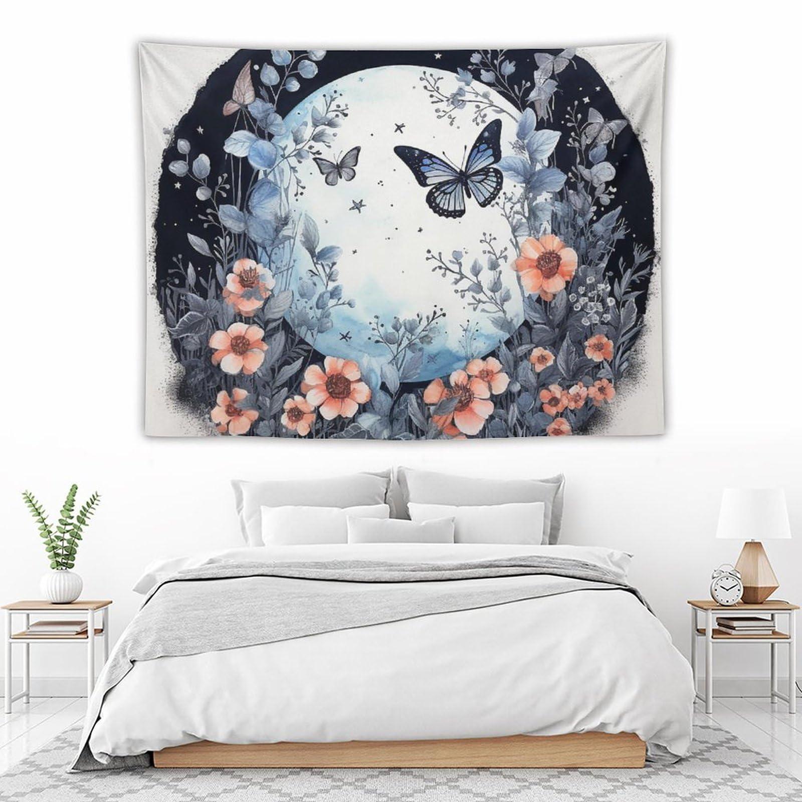 BAHELS BAHELS Blue Butterfly Moon Flower Tapestry Wall Hanging Boho Floral Plant Aesthetic Mandala Tapestry Decor for Living Room Bedroom 60\"x80\"