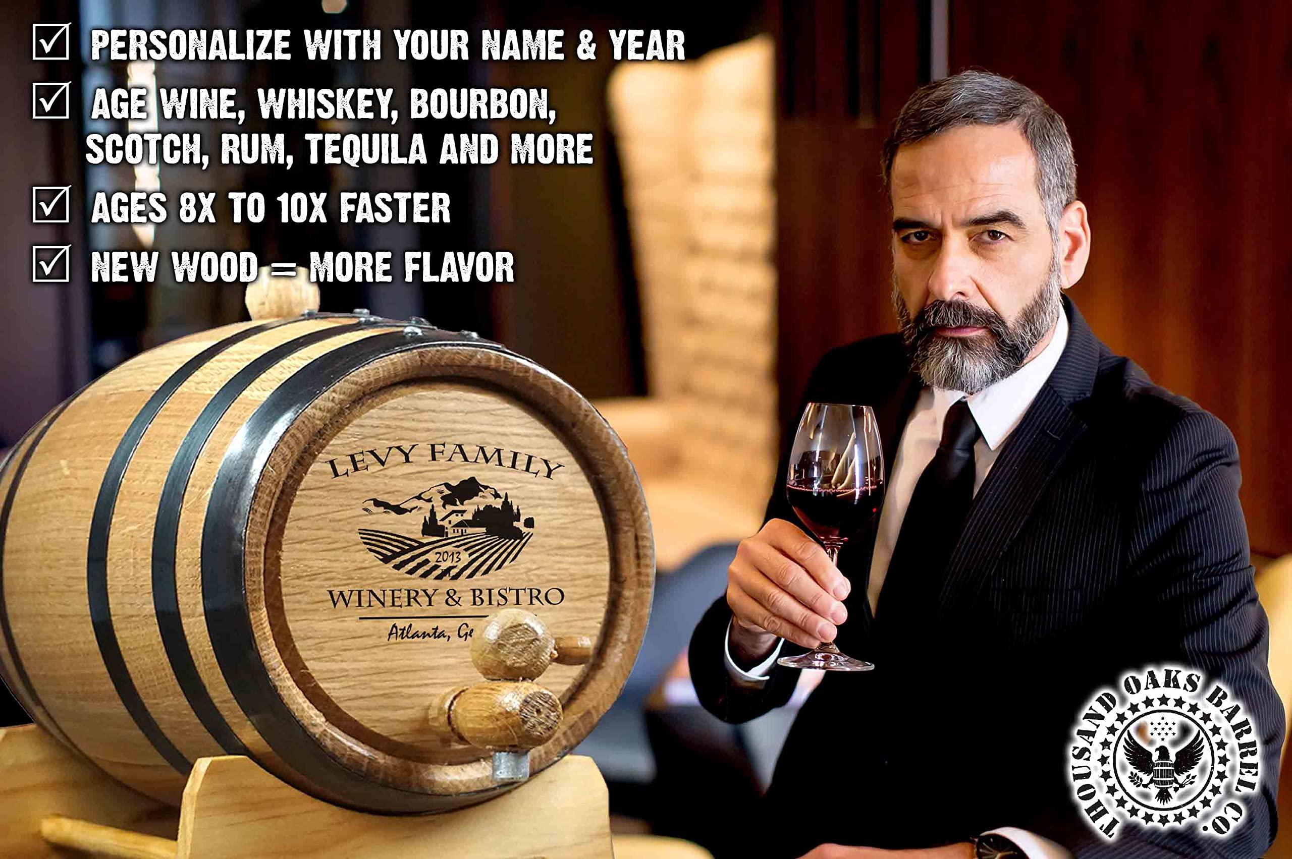 THOUSAND OAKS BARREL Personalized 2.5 Gallon Oak Aging Barrel (10 Liter) with Stand, Bung and Spigot - For The Home Brewer, Distiller, Wine Maker and Cocktail Aging Bartender (B314)