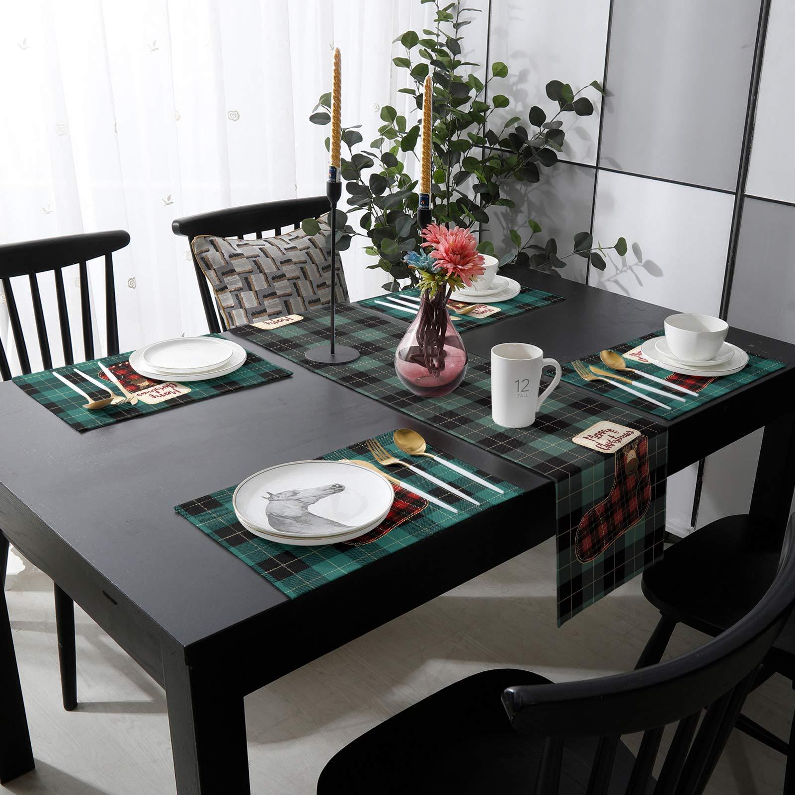 QueenKer Christmas Table Runner Placemats Set of 6 Xmas Reindeer Green Red Black Buffalo Plaid 90 Inches Long Table Place Mats for Holiday Kitchen Dining Wedding Farmhouse Party Home Decoration