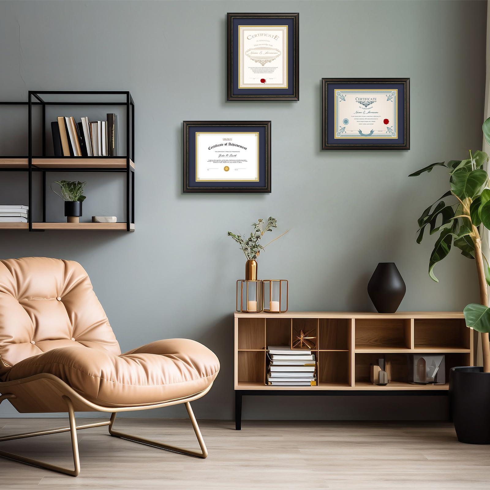 Golden State Art Golden State Art, 8.5x11 Diploma Frame, Solid Wood Brown with Gold Trim Certificate Frame, 8.5x11 or 11x14 Diploma Without Mat, Real Glass Front with Navy Over Gold Double Mat -6 Pack