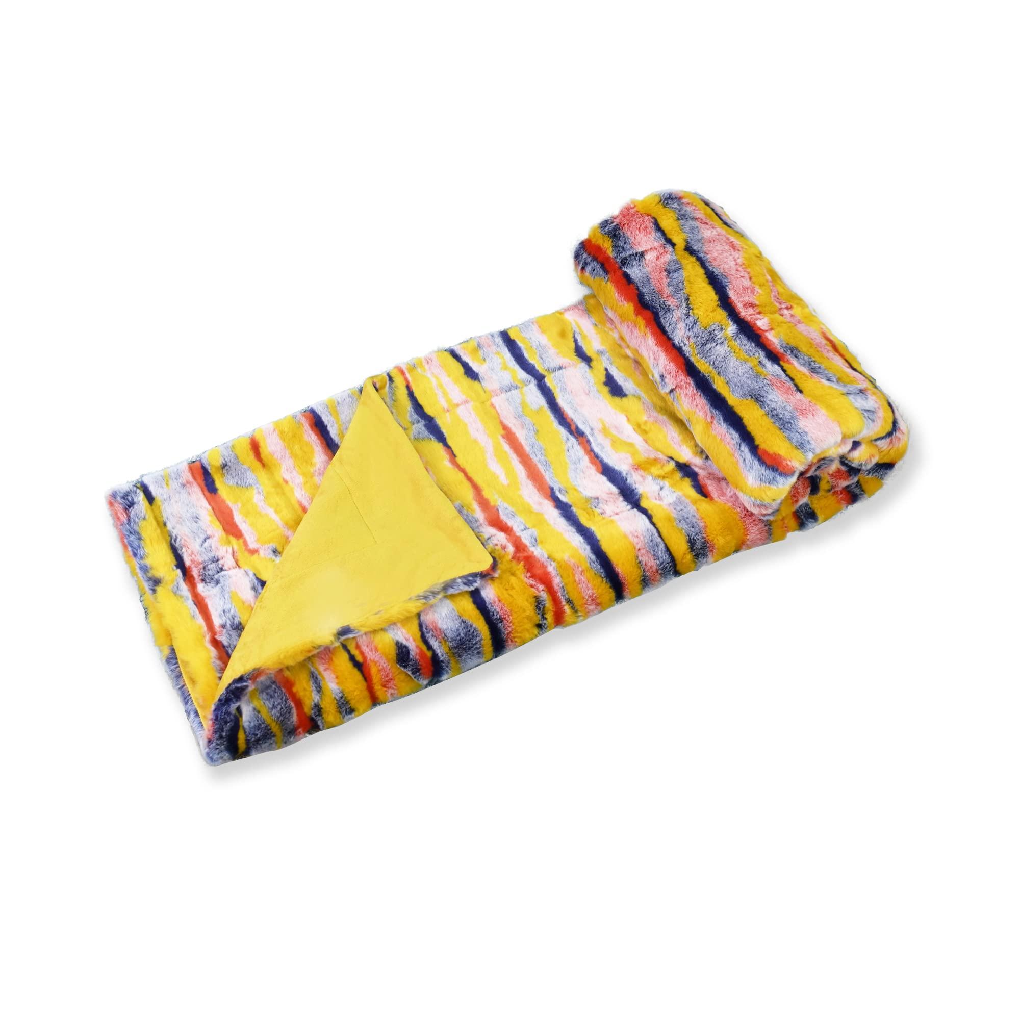 BYTIDE BYTIDE Multi Jacquard Tribal Style Rabbit Faux Fur Plush Throw Blankets with Micromink Back, Soft Warm Cozy Fluffy Fuzzy Luxury Throw for Couch Sofa Chair Bed Cover, 50\" x 60\", Orange Multi