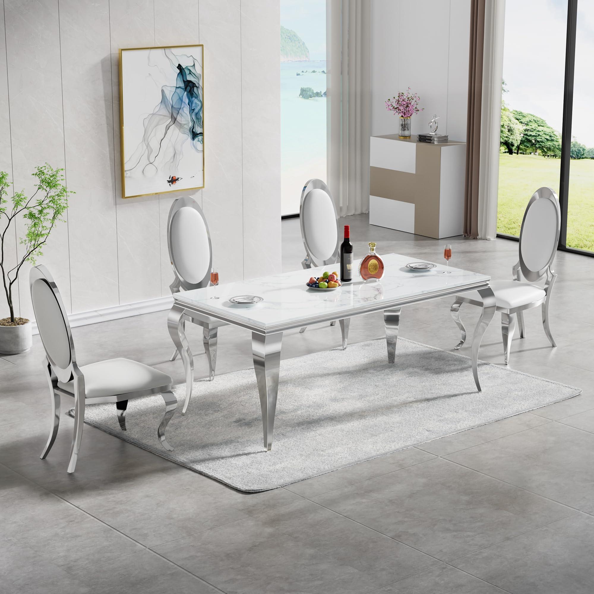 HomVent HomVent Silver Faux Marble Dining Table Set for 4, Modern Large Marble Kitchen Table Set and 4 Leatherette Dining Chair with Silver Finish Stainless Steel Legs for Kitchen Living Room