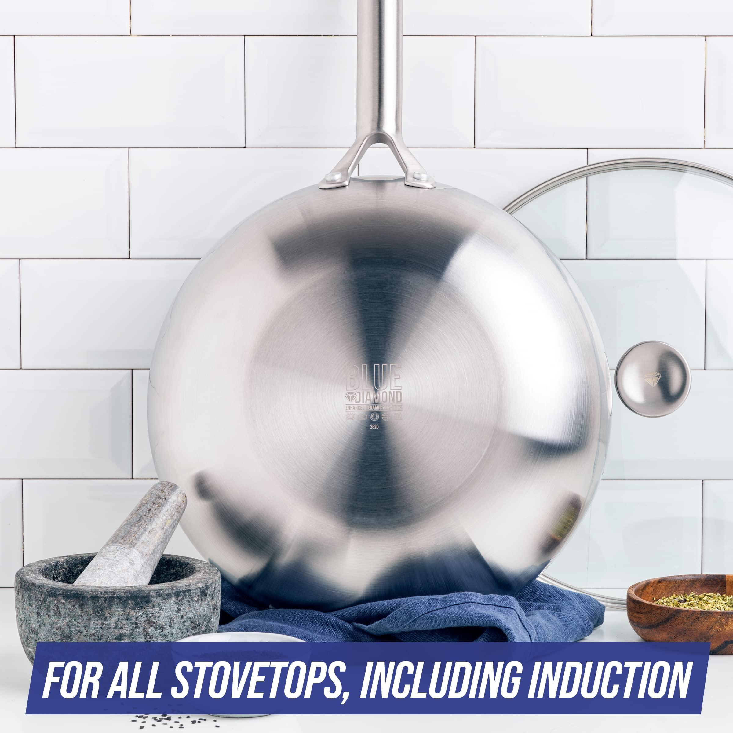 Blue Diamond Blue Diamond Cookware Tri-Ply Stainless Steel Ceramic Nonstick, 7 Piece Cookware Pots and Pans Set, PFAS-Free, Multi Clad, Induction, Dishwasher Safe, Oven Safe, Silver