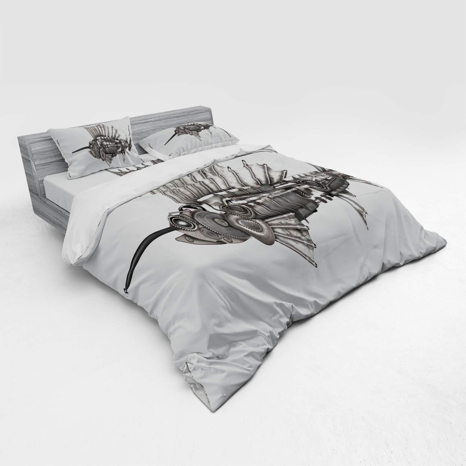Ambesonne Ambesonne Steampunk Bedding Set, Mechanical Animal Photo of Steampunk Style Sailfish Designed with Wheels, 4 Piece Duvet Cover Set with Shams and Fitted Sheet, King Size, Grey and White