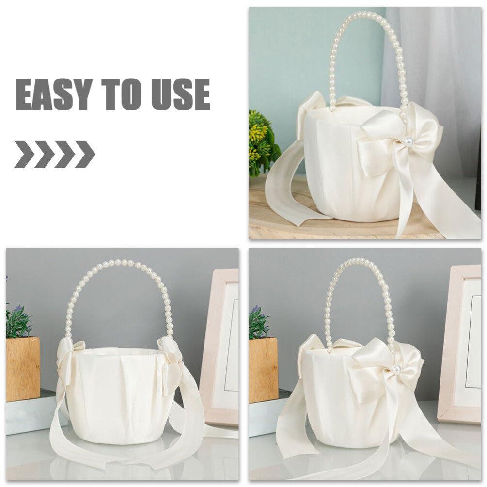 HOLIDYOYO HOLIDYOYO Wedding Flower Girl Baskets with Pearl Handle Bowknot Satin Flower Baskets Flower Pedal Basket for Wedding Ceremony Party