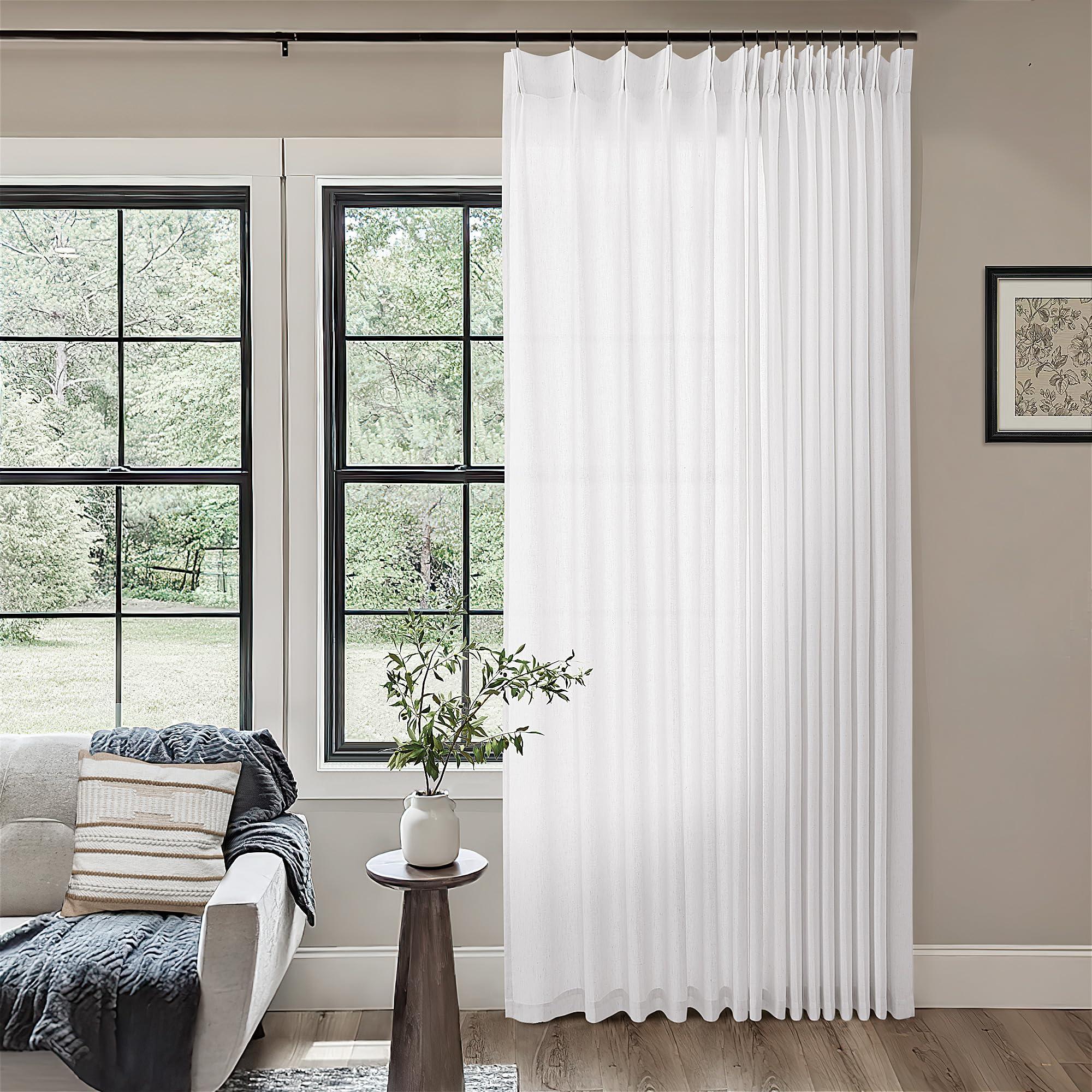 DUKIYO White Linen 100 Inch Wide Curtains 90 Inches Long for Living Room Divider Light Filtering Semi Sheer Modern Farmhouse Pleated Curtain with Hooks Rings for Patio Sliding Door Dining Room Large Window