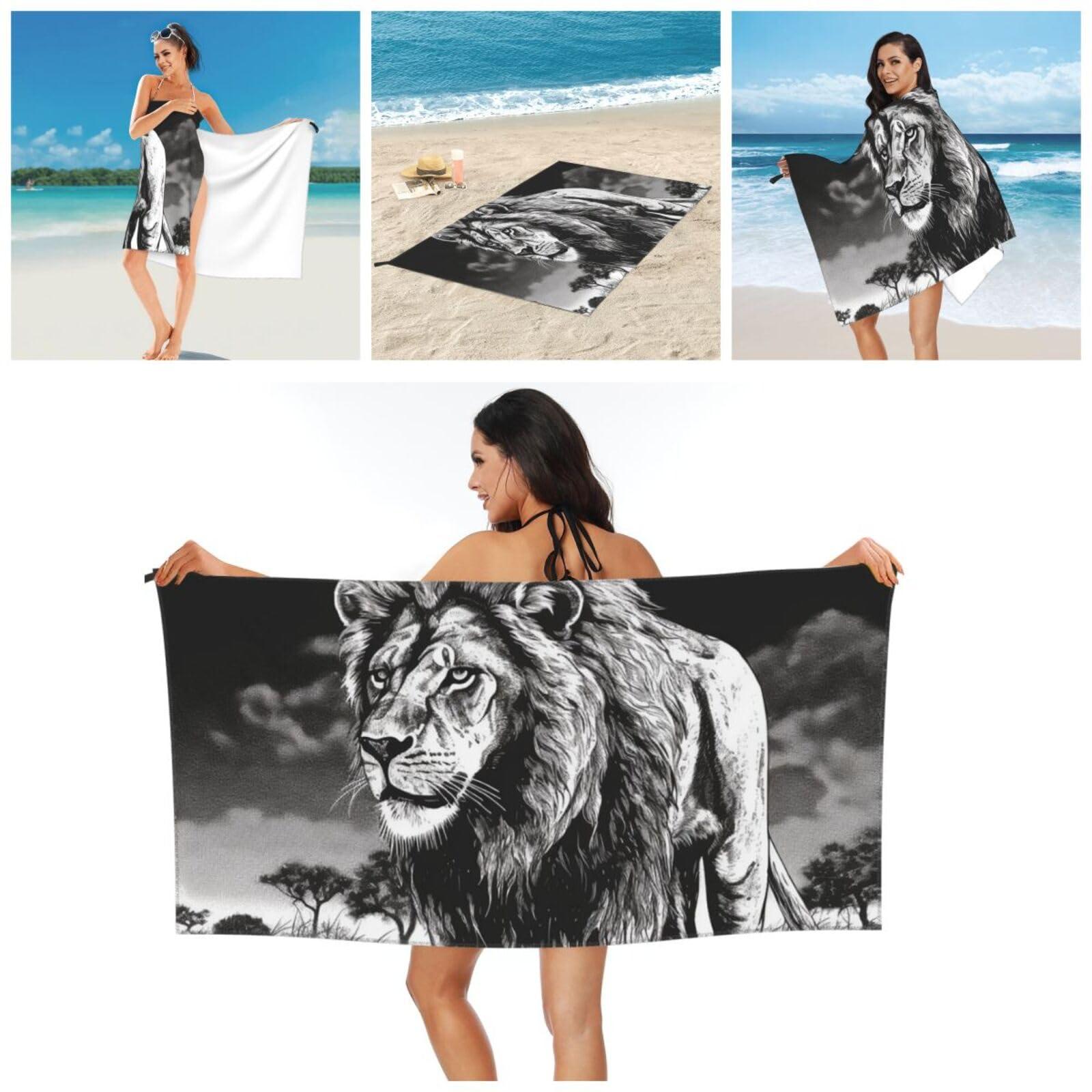 NONHAI NONHAI Beach Towel Lion Black White Illustration Microfiber Bath Towels Quick Dry Towel for Swimmers Sand Proof Beach Towels Absorbent Bathroom Towel for Hotel Gym Spa Yoga Bath Towel 27.5\"x55\"