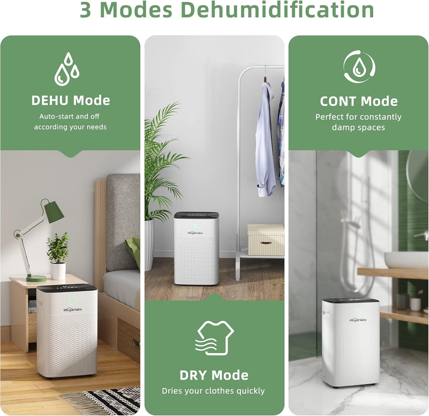 HOGARLABS HOGARLABS 34 Pint Dehumidifiers for Home Basements, with 3 Working Modes, Overflow Protection, and Auto Shut off Restart. Ultra Silent Dehumidifier with Drain Hose, Intelligent Humidity Control