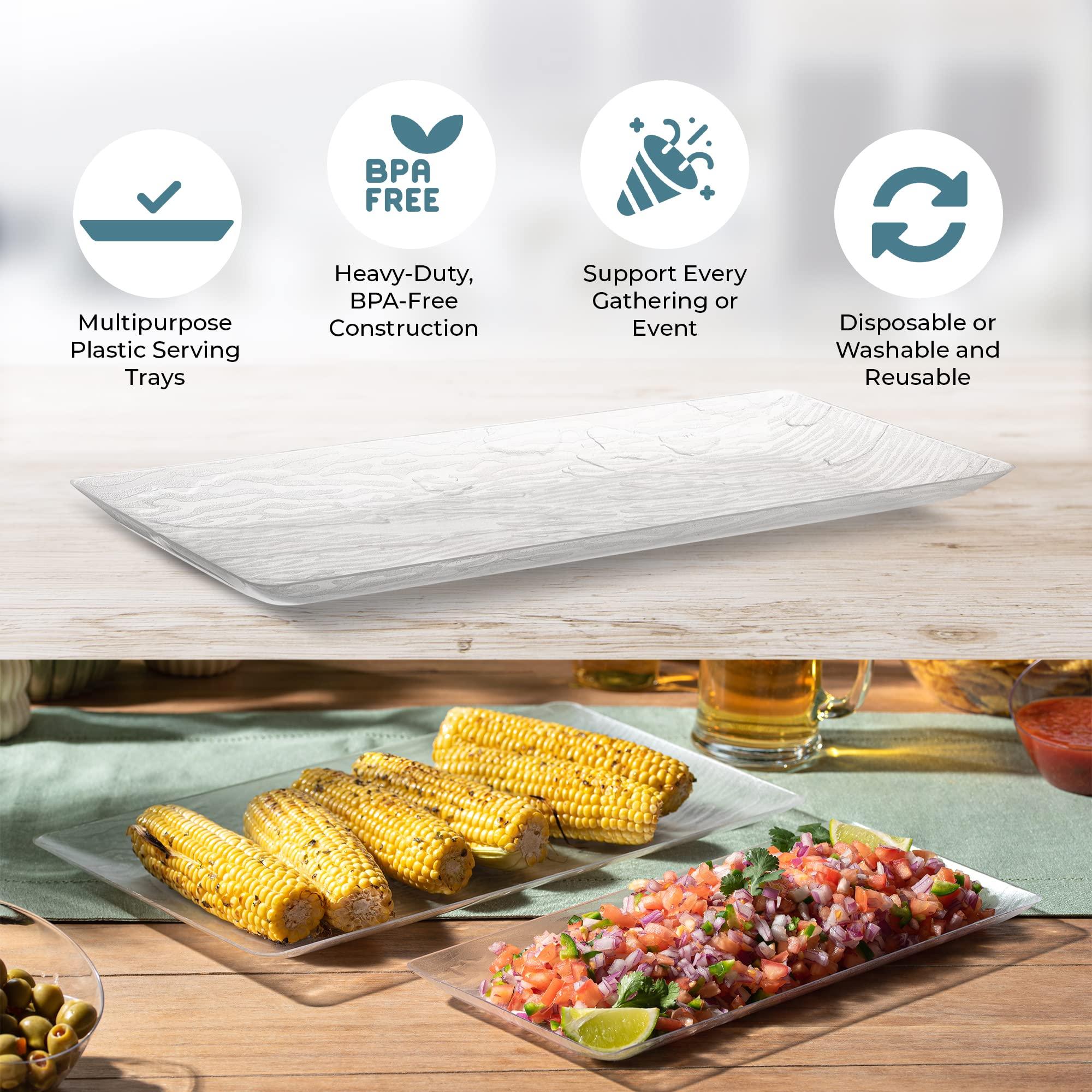 Posh Setting Posh Setting - Serving Platters and Trays, Plastic Platter Tray, Wood Pattern Clear Serving Tray, Clear Rectangular Tray, Clear Trays for Food, Stackable & Disposable Party Platters, 5 Pack - 17x9