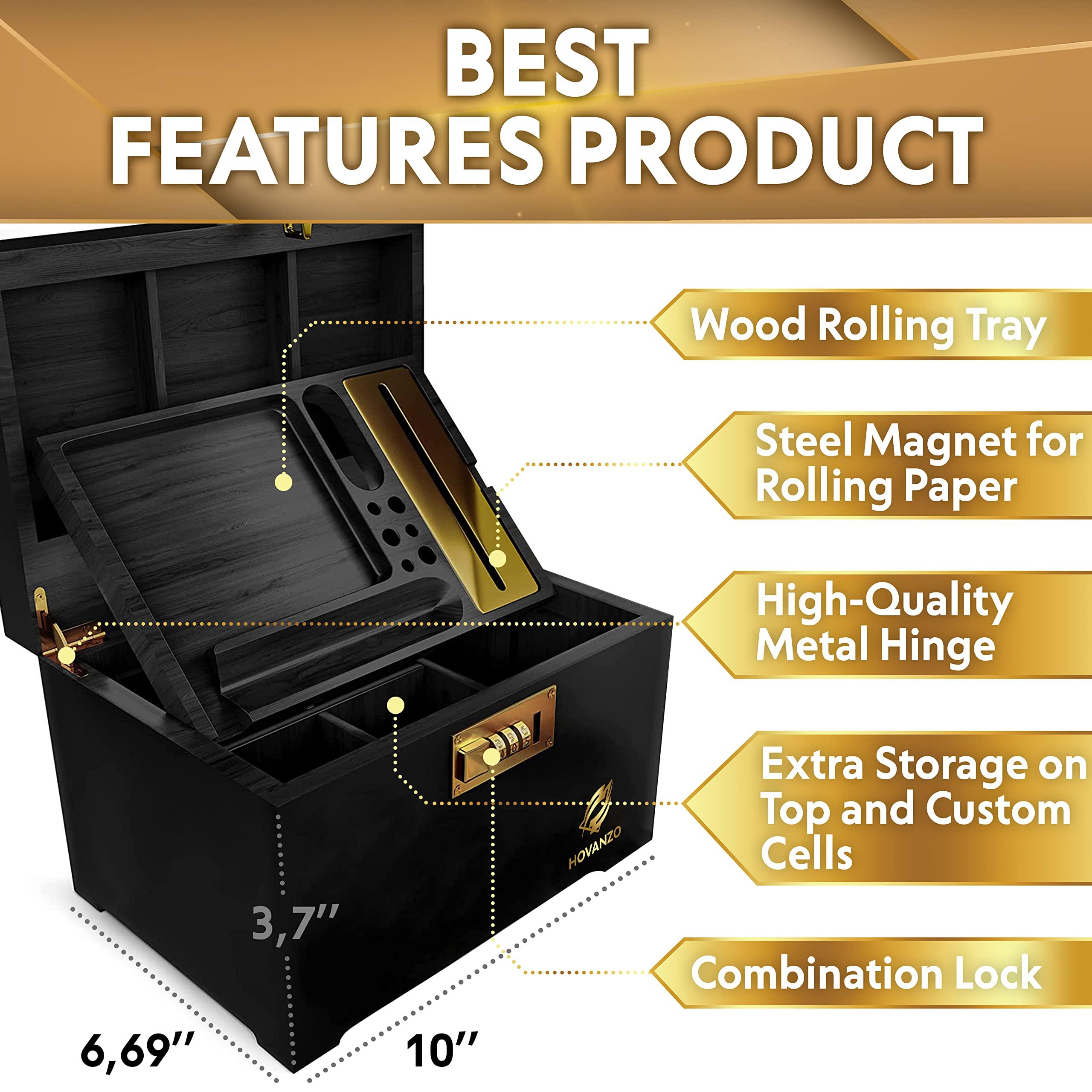 HOVANZO HOVANZO Premium Large Bamboo Box - Decorative Box Wooden Locking Storage Box with Rolling Tray - Decorative Wood Box for Herbs and Accessories - Decorative Box Set with Combination Lock