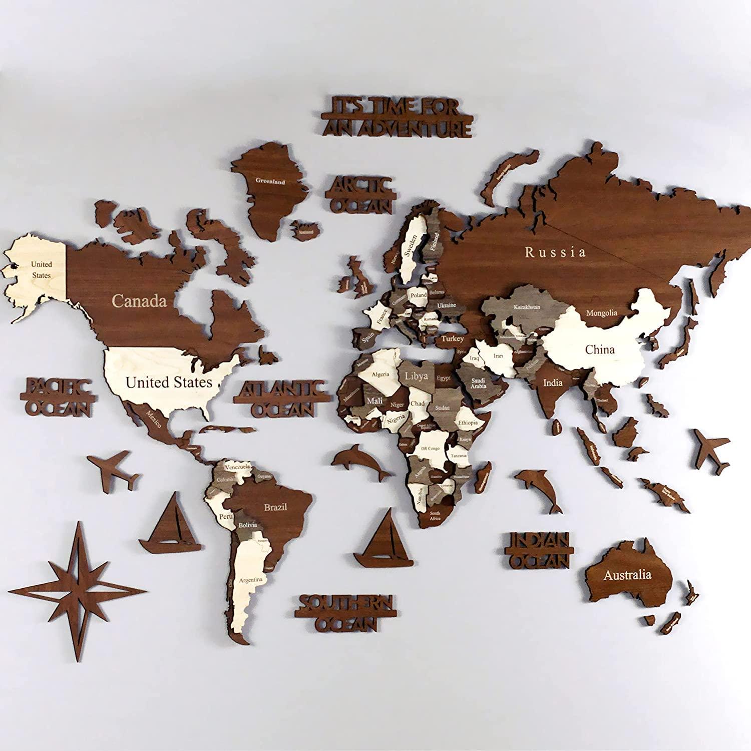 Colorfull Worlds 3D Wooden World Map, Wood Wall Map, Housewarming Gift, World Map, Wall Art Decor, Wooden Travel Map, Birthday Gift (XL Standard - 79x47 inches)