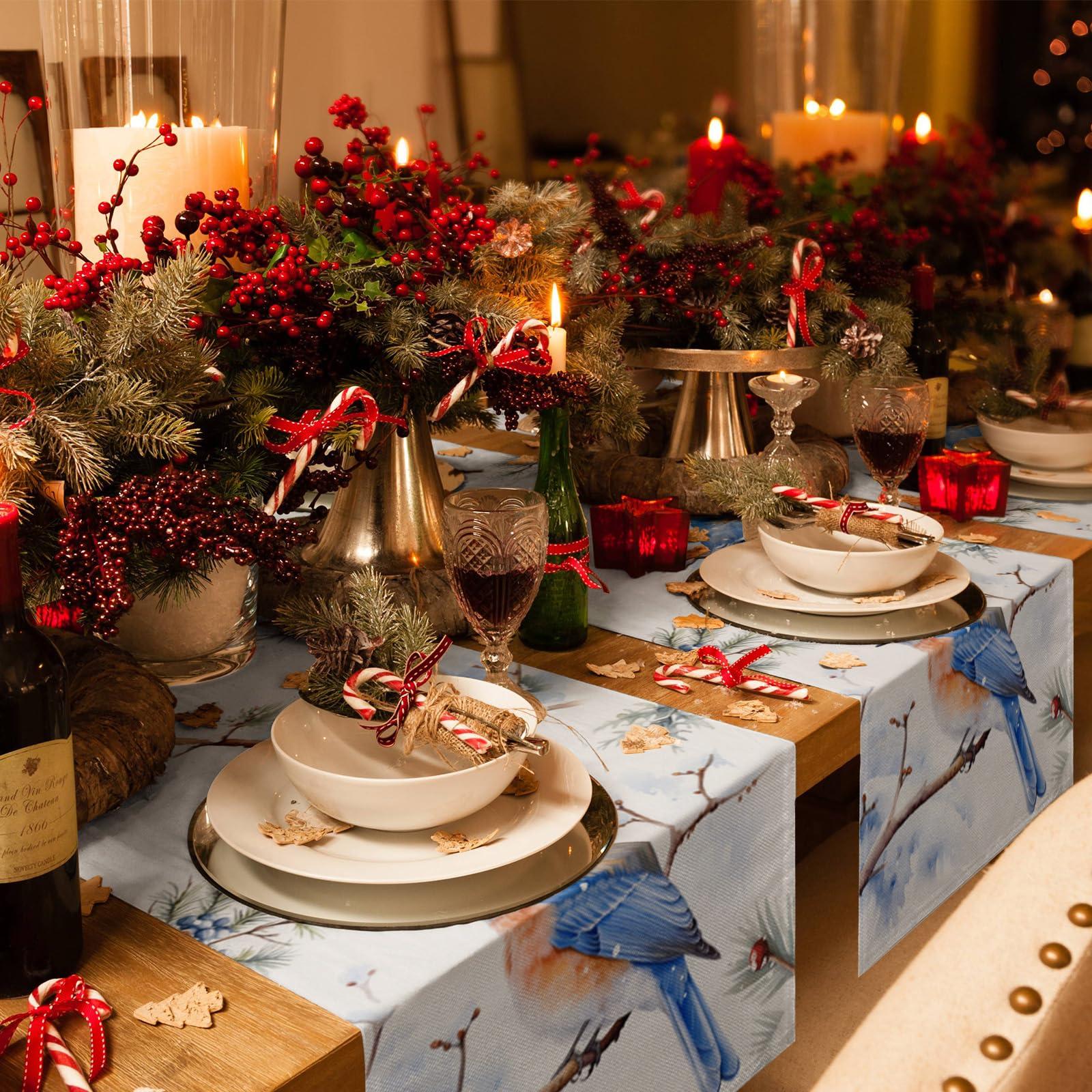 PIEPLE Blue Christmas Bird Table Runner-Cotton Linen-36 Inch Holiday Dresser Scarves, Winter Berry Snowy Pine Cones Tablerunner for Kitchen Coffee/Dining Bedroom Home Living Room Dinner Scarf Dcor 13x36