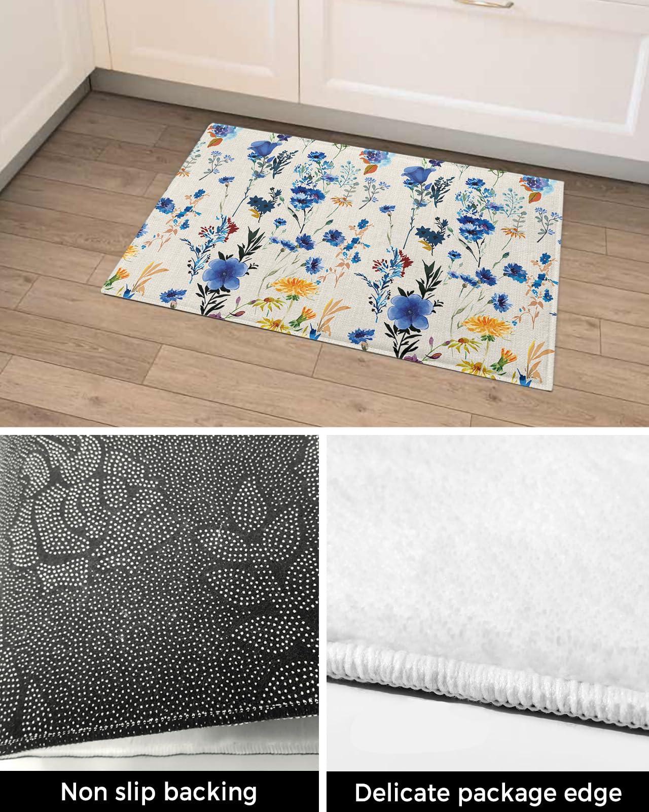 Edwiinsa Edwiinsa Botanical Flower Plush Rug Non Slip Bath Mat, Soft Shaggy Long Fur Fuzzy Bath Rugs 20\" x 31.5\" Blue Farmhouse Country Leaves Carpet Mat for Bathroom Shower Home