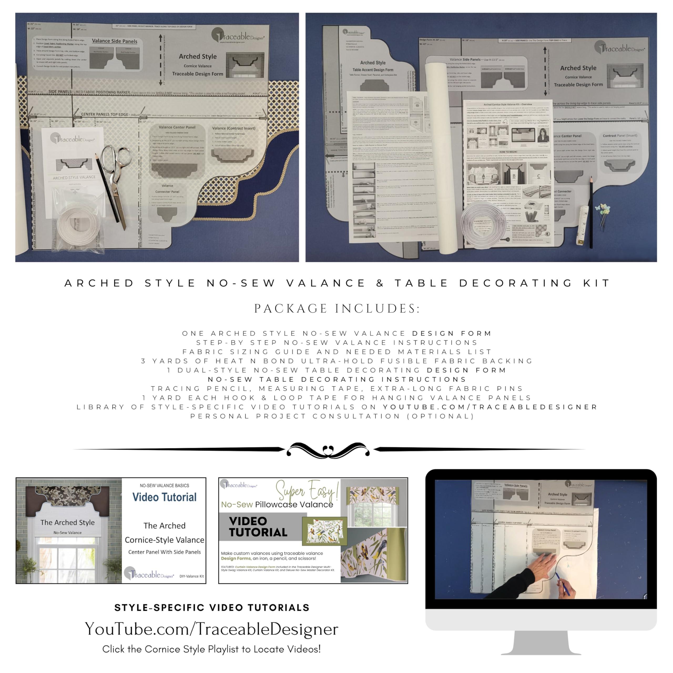 Traceable Designer Traceable Designer Arched Cornice Valance, Patented Sewing Alternative; Kit; Make No-Sew Curtains for Bedroom, Living Room,Use Over Shades or Drapes; Lined; Rod Pocket