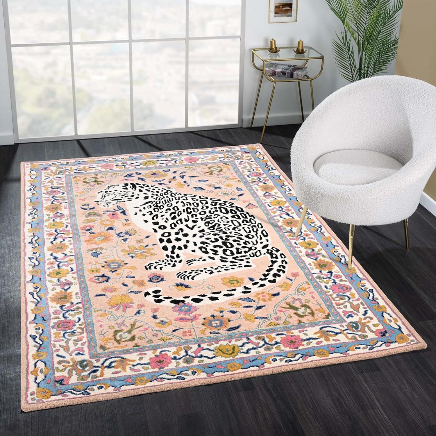 Restoration and Renovation Handmade Cheetah Wool Area Rug - Traditional Animal Print Design with Modern Twist | Large, Plush, Thick & Soft Carpet with Vibrant Floral Border - for Living Room, Bedroom (Soft Pink, 9' Round)