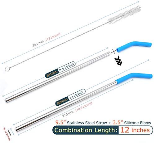 GFDesign Big Drinking Straws Reusable 12" Extra Long 8mm Extra Wide Food-Grade 18/8 Stainless Steel Silicone Elbows Tips for Smoothie Milkshake Cocktail Juice Hot Drinks - Set of 4 + 2 Cleaning Brushes