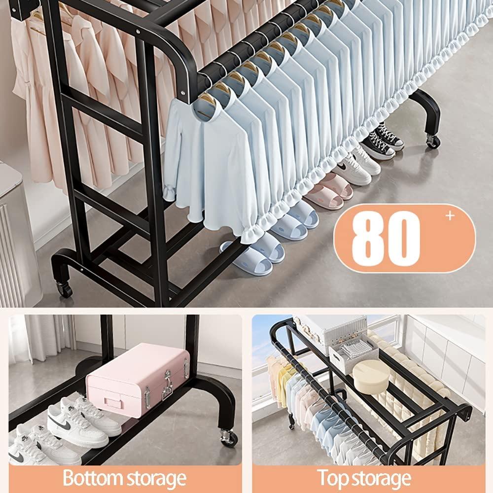 SGUM-LKSR Clothes Rack on Wheels, Double-Rail Metal Garment Rack, Multifunctional Freestanding Clothing Rack Rail with Storage Shelf for Hanging Clothes/D/100 * 50 * 150Cm (D 80*50*150Cm)
