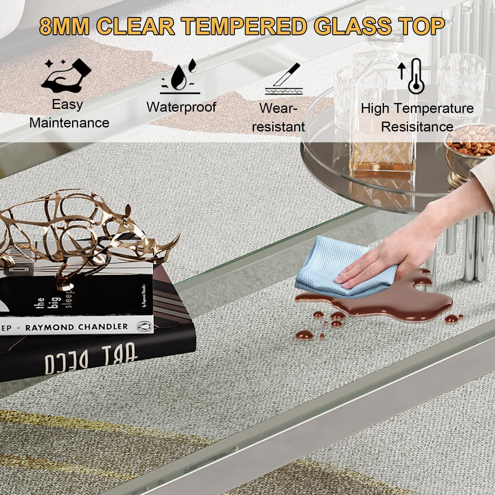 Henf 47.24" Glass Coffee Table, Luxury 2-Tier Center Coffee Table with Silver Stainless Steel Frame, Modern Rectangle Center Table Accent Cocktail Table with Low Storage Shelf for Living Room