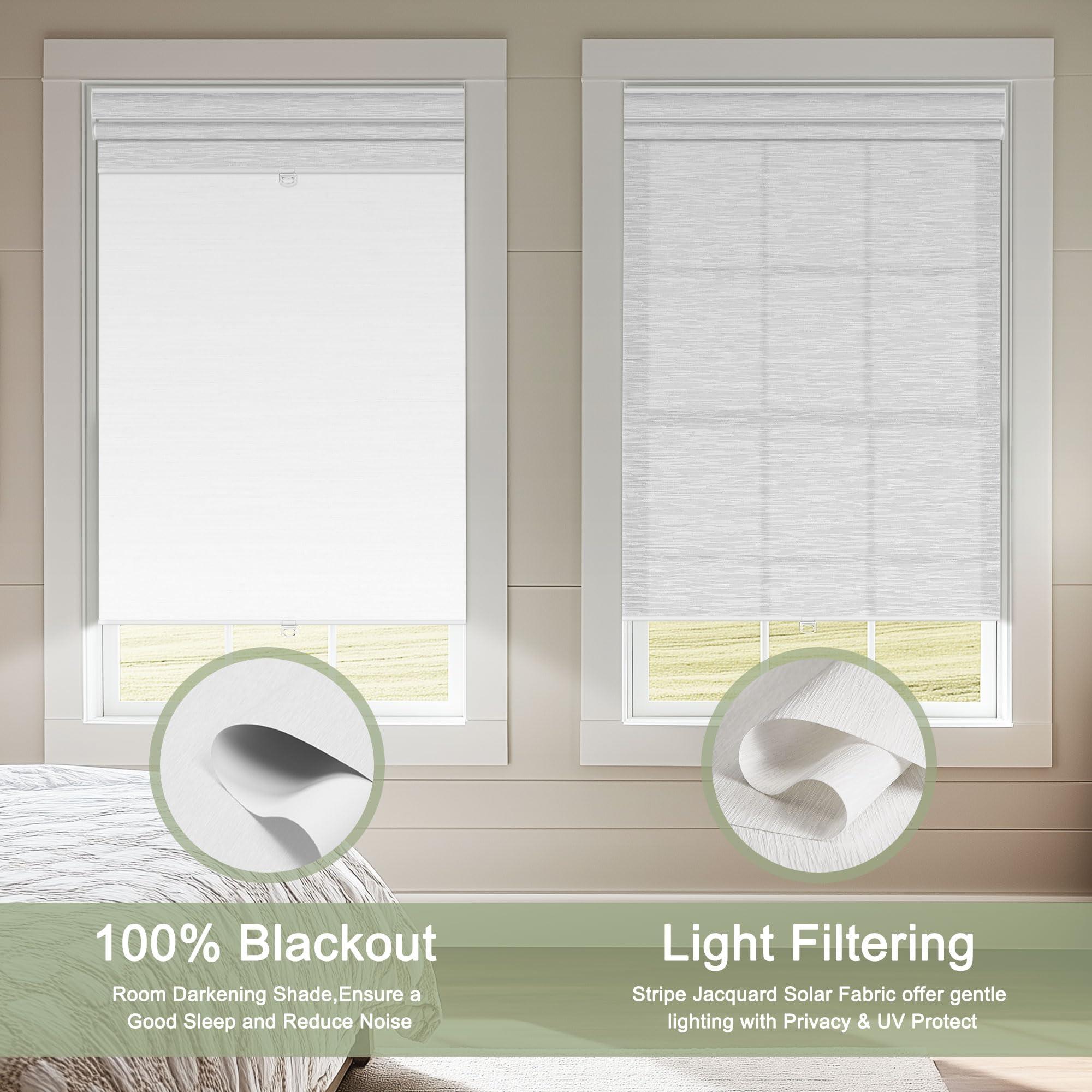 Doing-X DOING-X Dual Blinds Roller Shades for Window with Cassette Valance Thermal Insulation Cordless Blackout & Light Filtering Double Roller Blinds for Home Bedroom Office,70" W x 80" H,Jacquard White