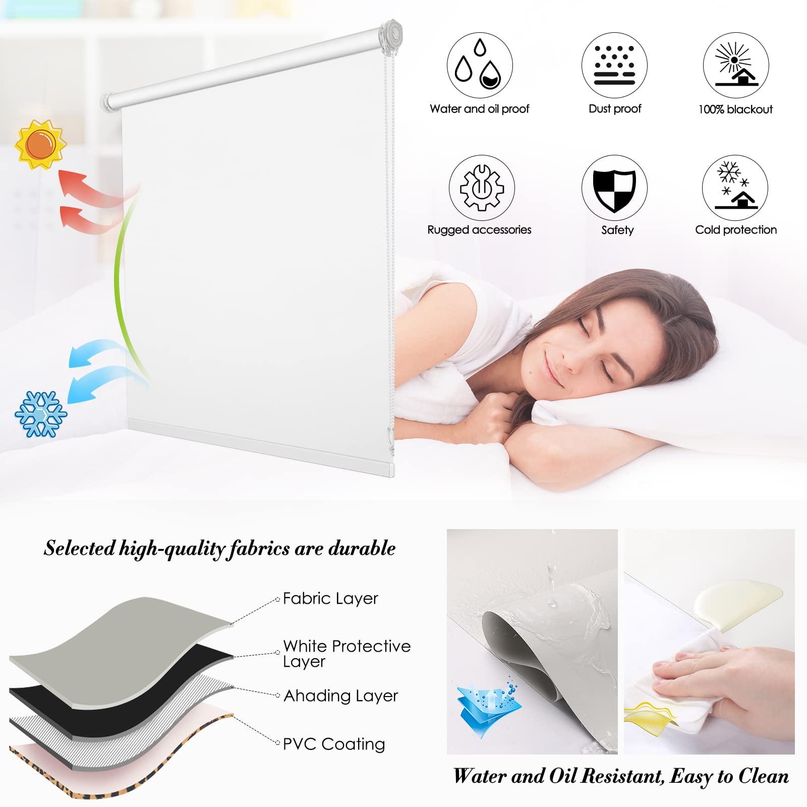 Pasoun Roller Shades for Windows Blackout No Drill Corded Roller Blinds Customer Cut to Size No-Tools Installation Window Shades for Bedroom and Kitchens[White 100% Blackout,45" W x 72''H]