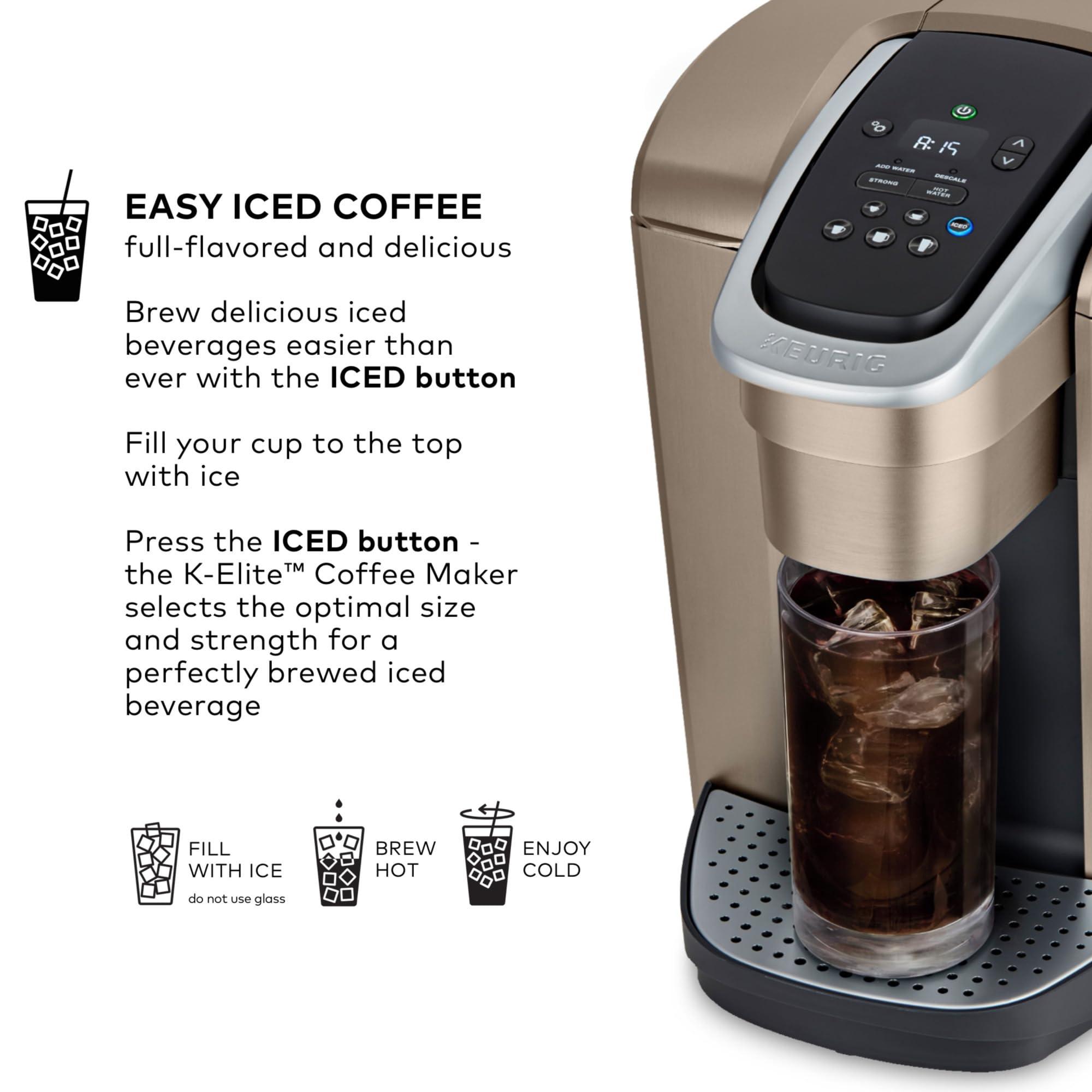 Keurig Keurig K-Elite Single Serve K-Cup Pod Coffee Maker, with Strength and Temperature Control, Iced Coffee Capability, 8 to 12oz Brew Size, Programmable, Brushed Gold