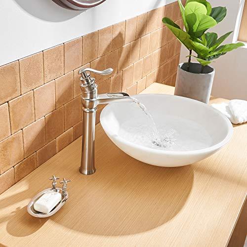 BWE Vessel Sink Faucet with Supply Line Brushed Nickel Deck Mount One Hole Single Handle Waterfall Bathroom Faucets Lavatory Mixer Tap Tall Body