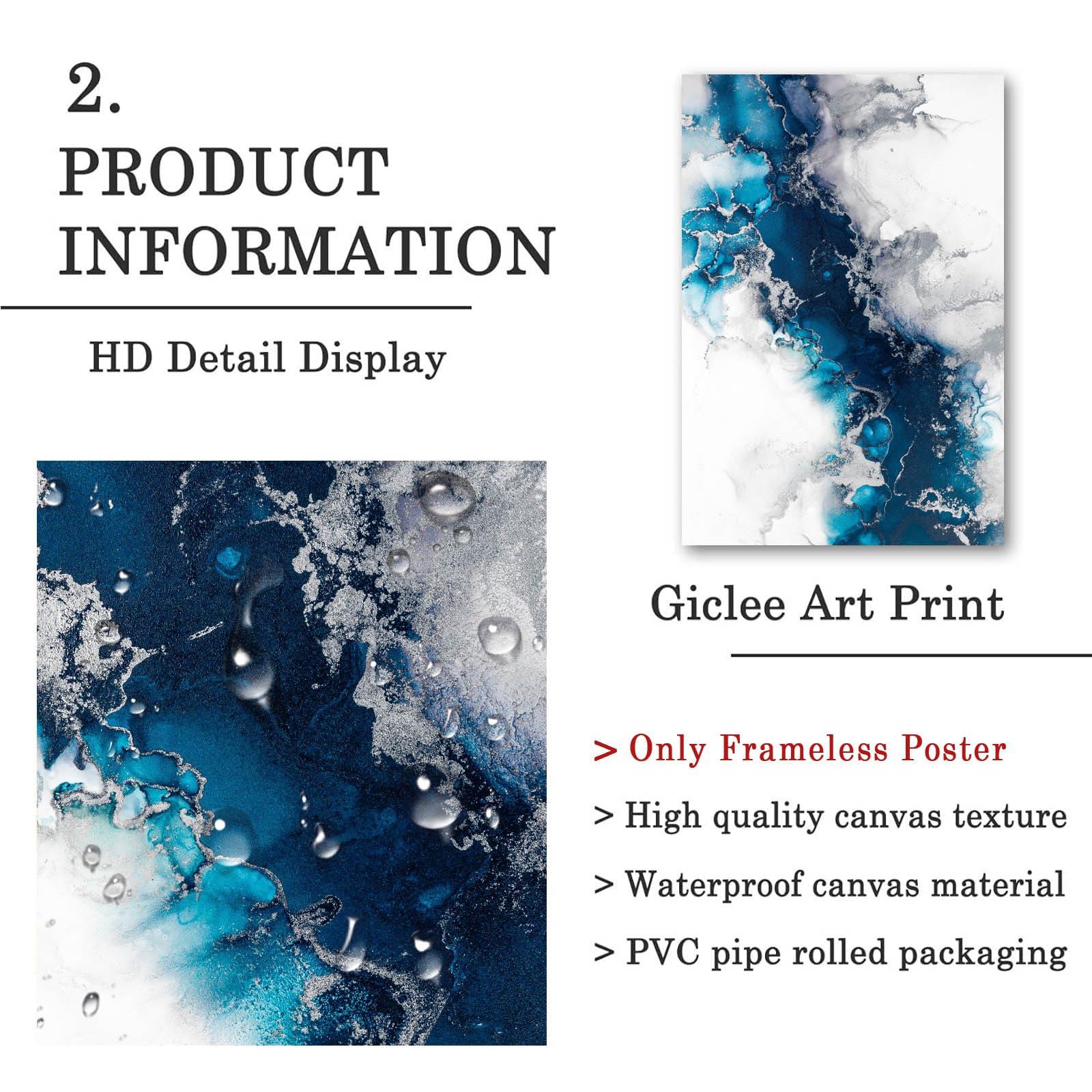 Dthllay Teal Blue Abstract Wall Art Blue Marble Canvas Art Blue Silver Abstract Picture Teal and Silver Wall Painting Abstract Teal Art Marble Navy Blue Grey and White Wall Art Bathroom 16x24inch No Frame