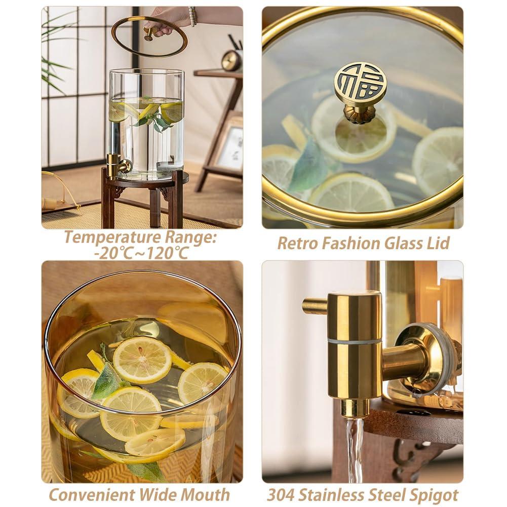 CAKERS CAKERS Large Capacity Beverage Dispenser|Water Dispenser With Leak-Free Spigot|Wide Mouth Easy Filling Juice Dispenser|Glass Drinks Dispenser For Juice,Beer,Punch,Iced Tea,Amber Color 3.5L,Wood Base