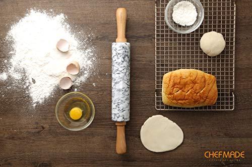 CHEFMADE CHEFMADE 18-Inch Marble Rolling Pin with Wooden Handles and Cradle, Non-Stick (Gray and White)