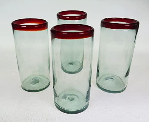 Mexican Glasses Mexican Glasses, Red Rim, hand blown, tumblers (set of 4)