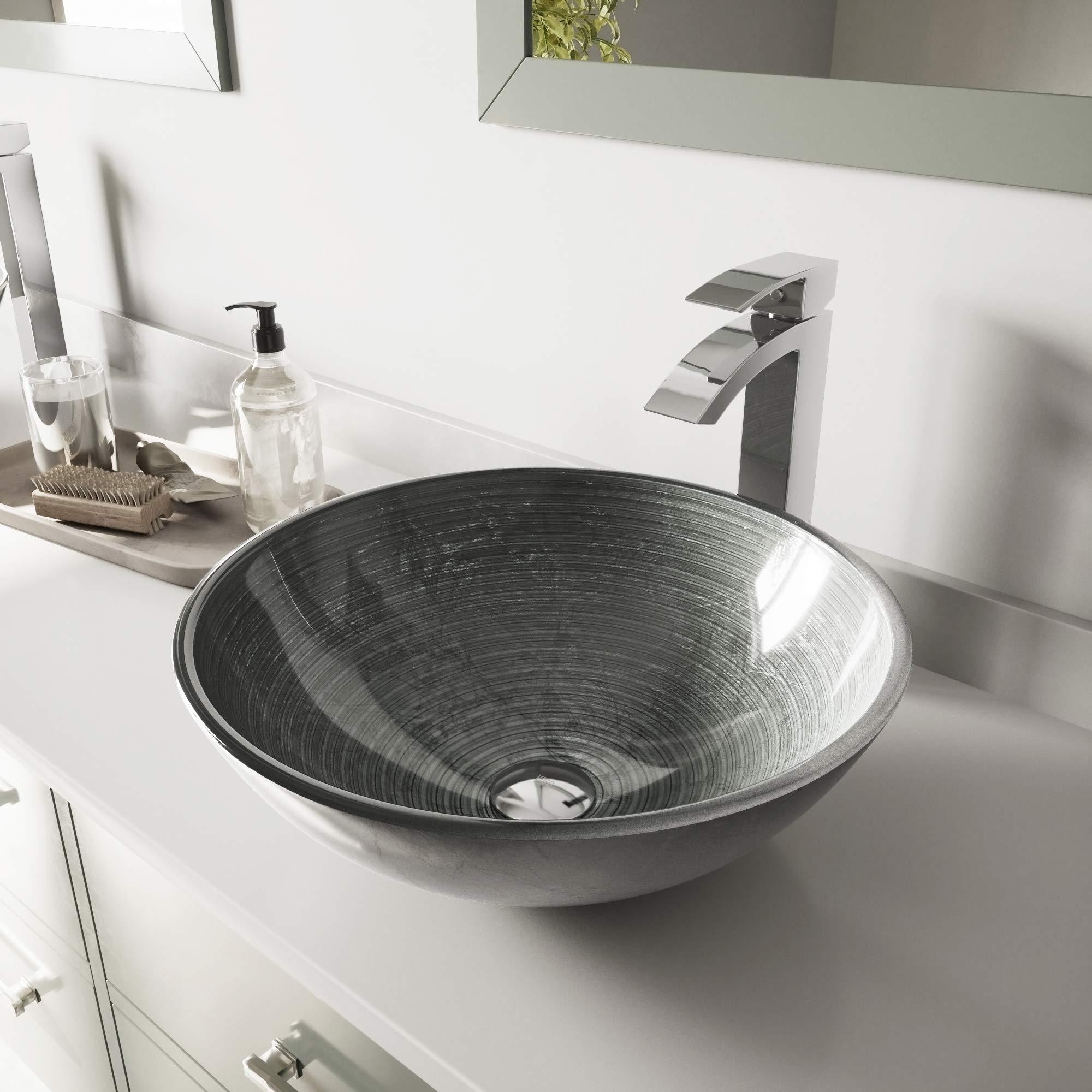 VIGO VIGO 17\" L -17\" W -12\" H Giovanni Glass Round Vessel Sink Set in Silver with Faucet and Drain -VGT836