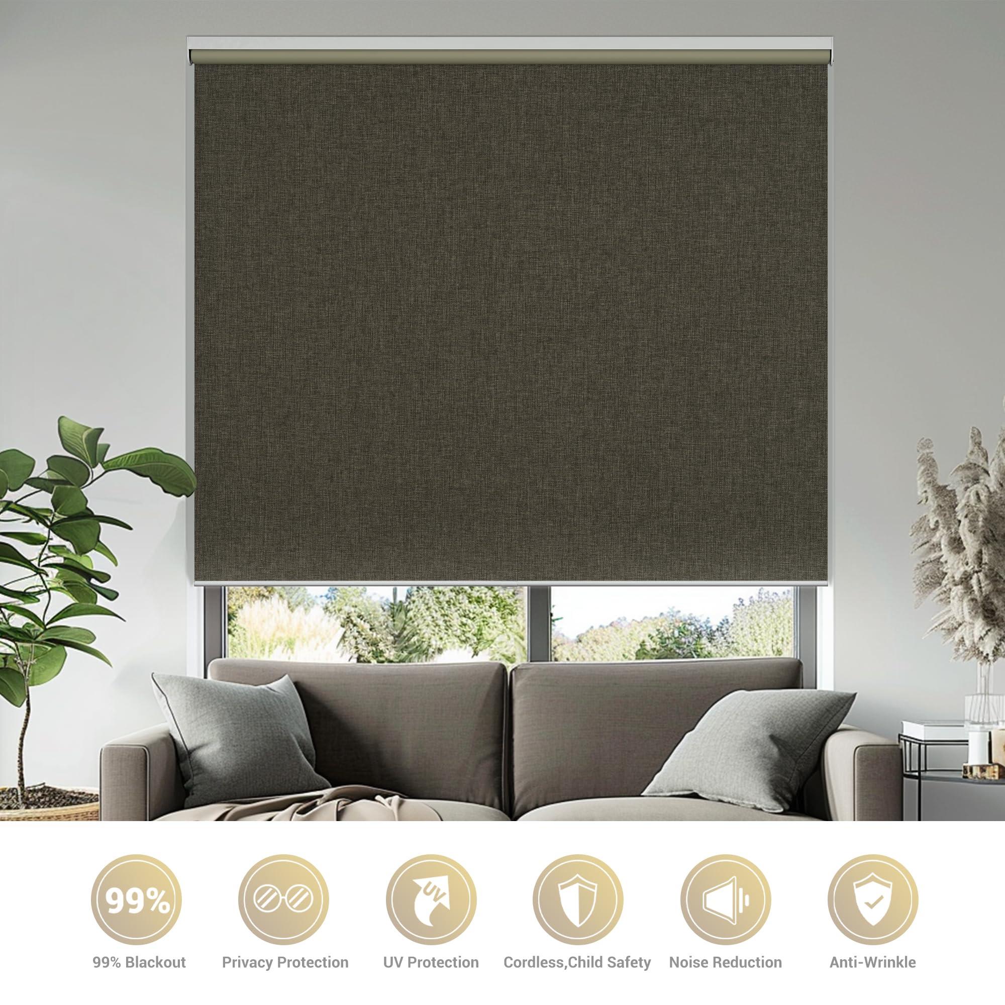 HOTSOON HOTSOON Blackout Cordless Roller Blinds for Indoor Windows, Natural Linen Fabric Roller Shades Thermal Insulated roll up shades UV Protection Privacy Blinds, Brown, 55" W x 72" H