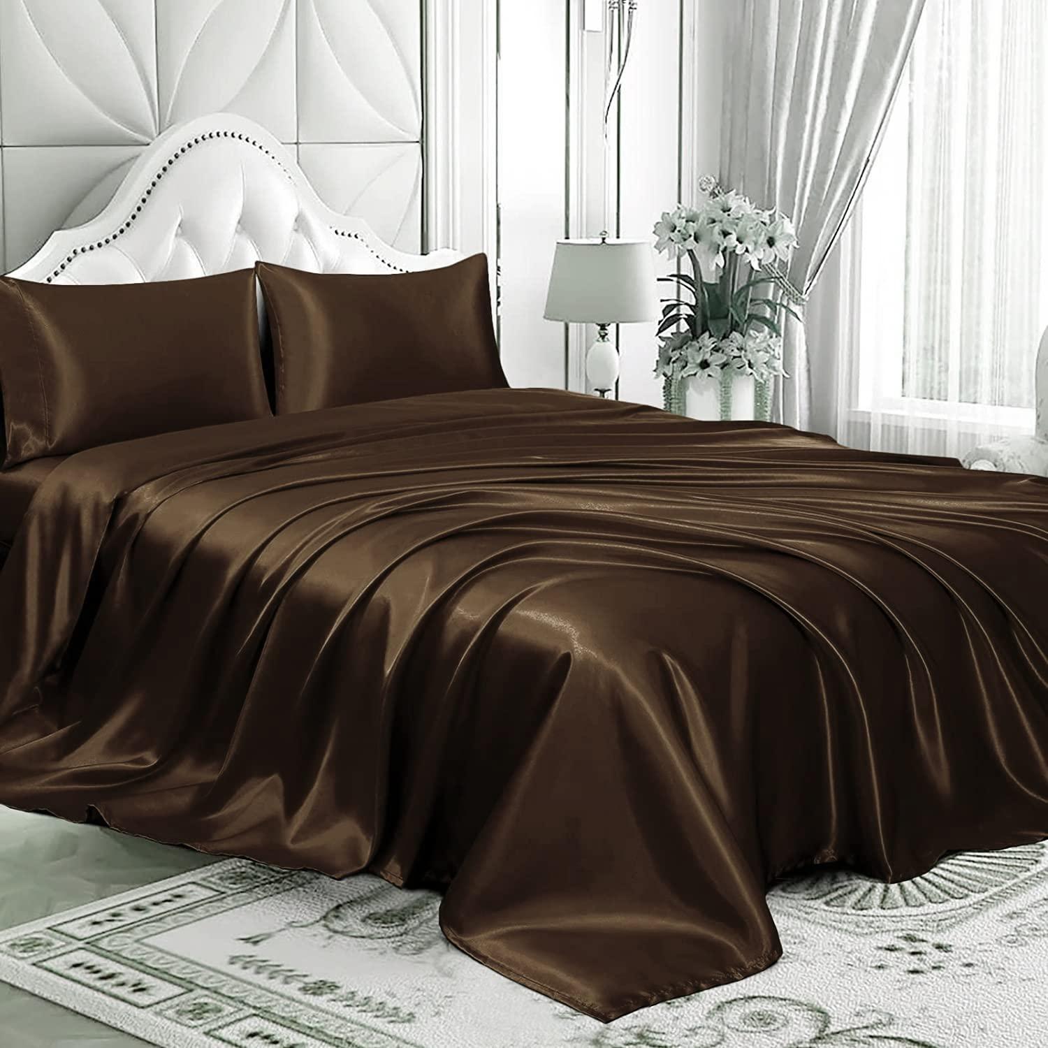 Upluxius Upluxius 4 Piece Satin Sheet Set Bed Set Oversized Queen Size Bed Set 4 Piece Chocolate Brown Durable & Soft (Flat Sheet + Fitted 15\'\' + 2 Pillowcases) Bedding Satin Sheets Bed in a Bag