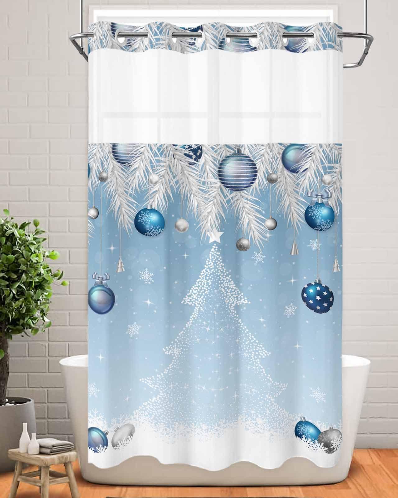 Edwiinsa No Hook Shower Curtain and Snap in Liner Set, Blue Christmas Fabric Bathroom Stall Shower Curtains 54x78 Inch, See Through Mesh Top Window, Xmas Tree Snowflake Balls Hotel Style, Washable Waterproof