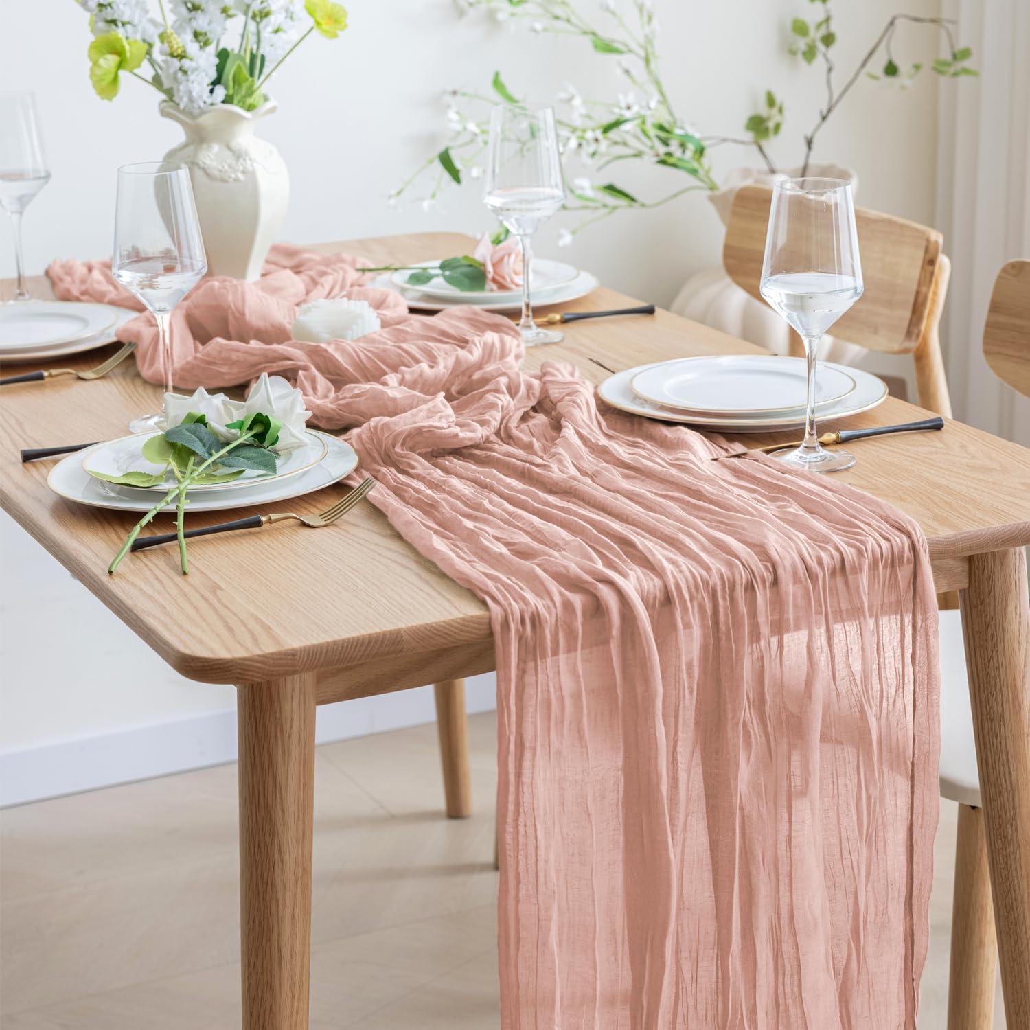 Asee\'m Asee\'m 4pcs Cheesecloth Table Runner 120 Inches Long Dusty Pink Boho Gauze Cheese Cloth Runner 10FT Rustic Sheer Table Runners for Christmas Wedding Party Baby Shower Spring Easter Decoration