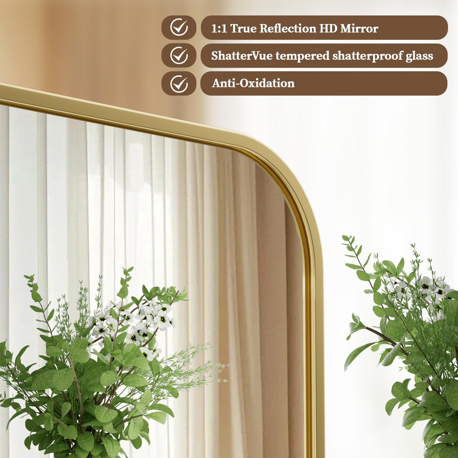 BEAUTYPEAK BEAUTYPEAK 26" x 38" Rectangular Aluminum Alloy Frame Wall Mounted Bathroom Mirror with Rounded Corners, Gold