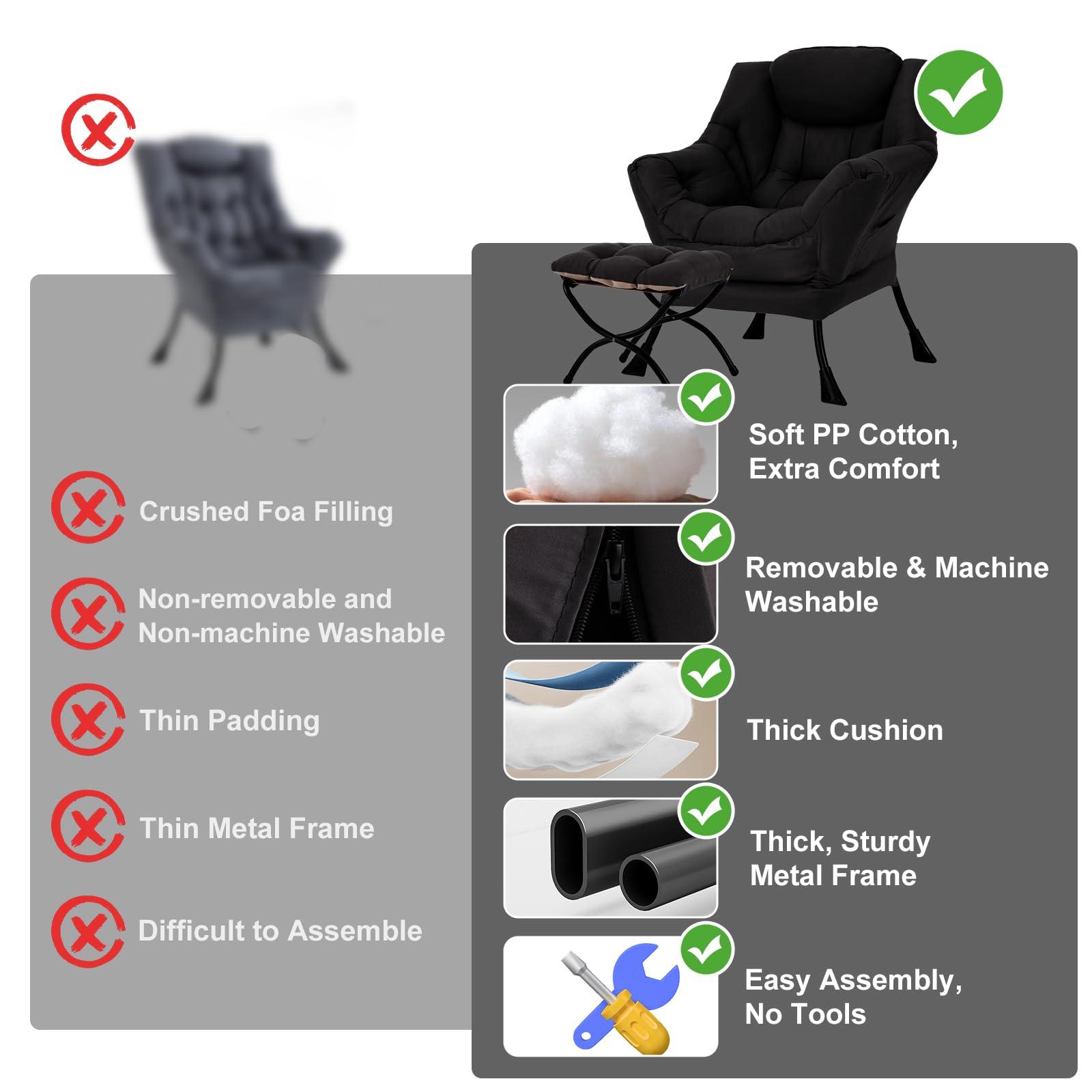 Furlide Furlide Lazy Chair with Ottoman, Modern Chair with Folding Footrest, Lounge Accent Chair, Comfortable Reading Chair (Black)