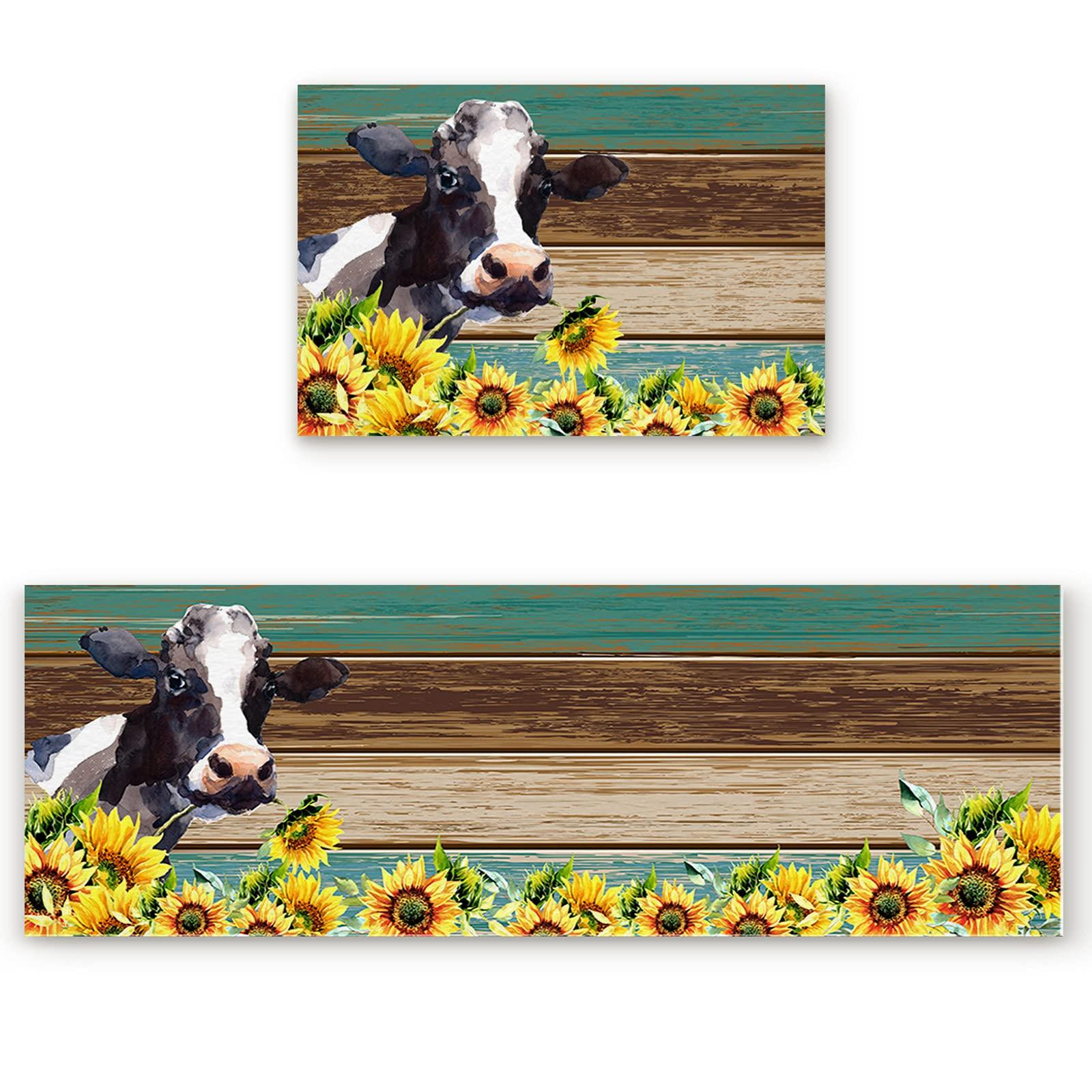 LooPoP Kitchen Rugs and Mats Non Skid Washable Sets Sunflower Cow Yellow Anti Fatigue 2 Piece Set Non Skid Waterproof Standing Rugs Teal Brown Wooden Plank