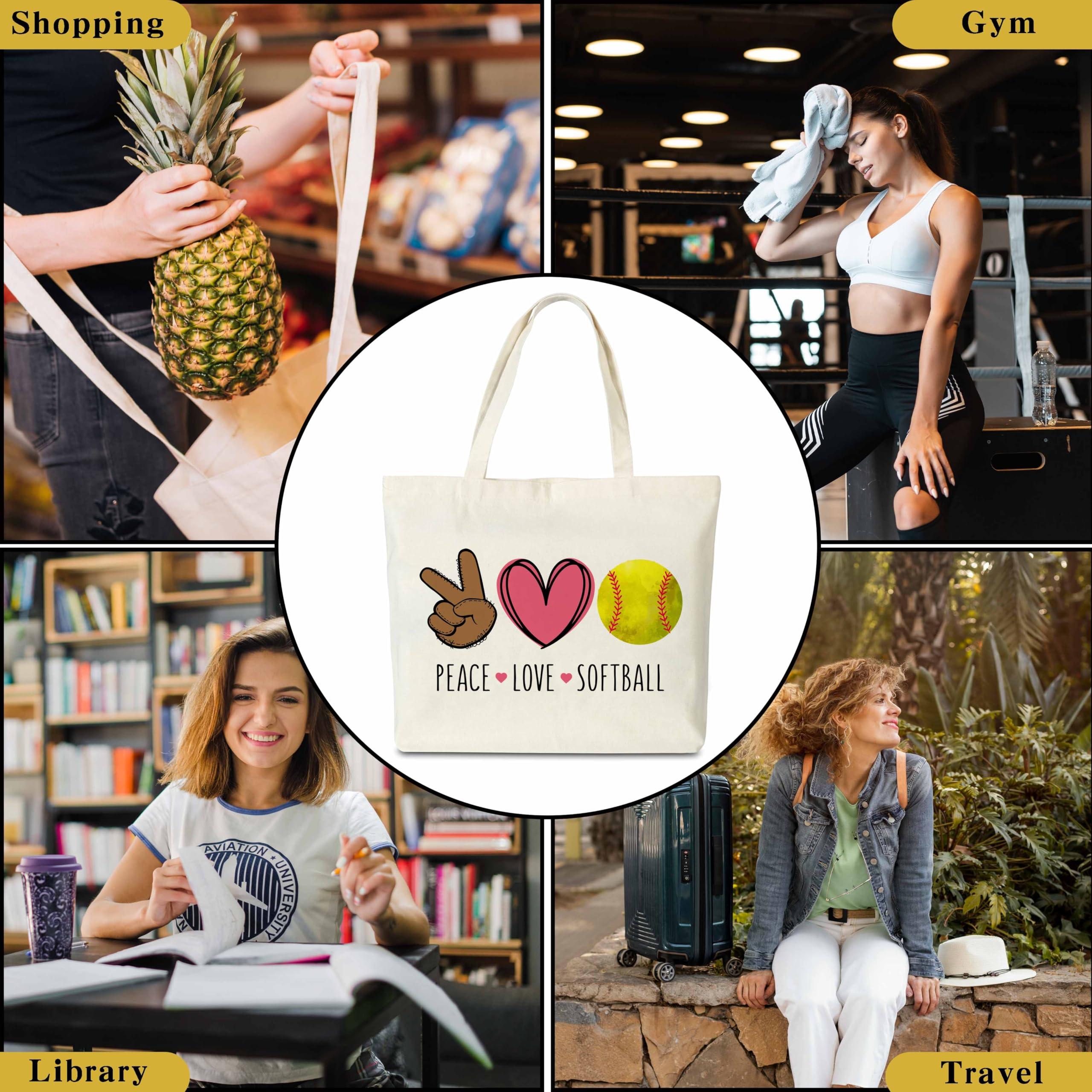 seclate seclate Softball Tote Bag, Peace Love Softball Bags for Women, Reusable Cloth Cotton Bags for Travel Shopping Beach, Sports Lover Birthday Gifts - J01